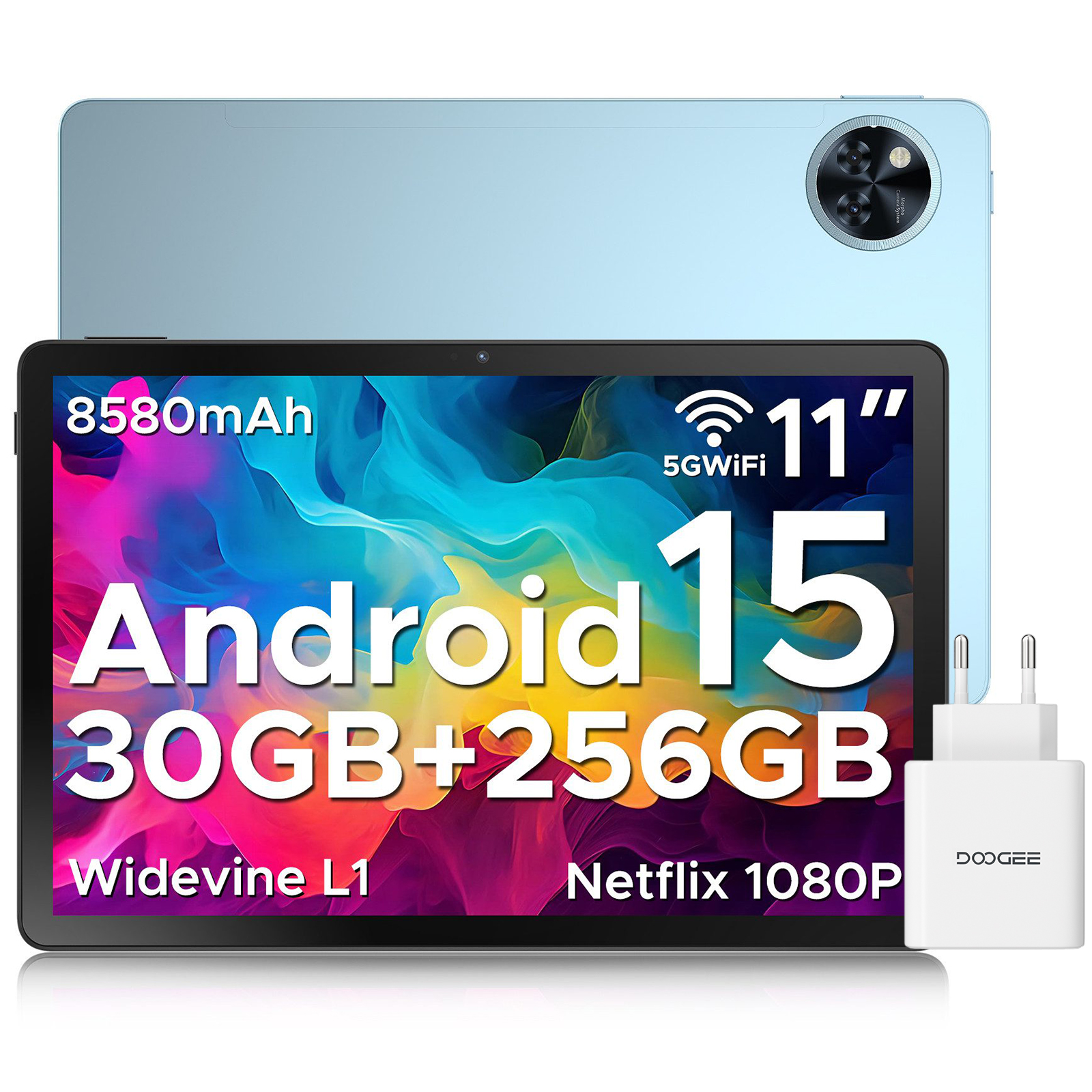Ein blaues Tablet mit "Android 15" und Spezifikationen auf dem Bildschirm, plus Ladegerät. Das Tablet ist hellblau.