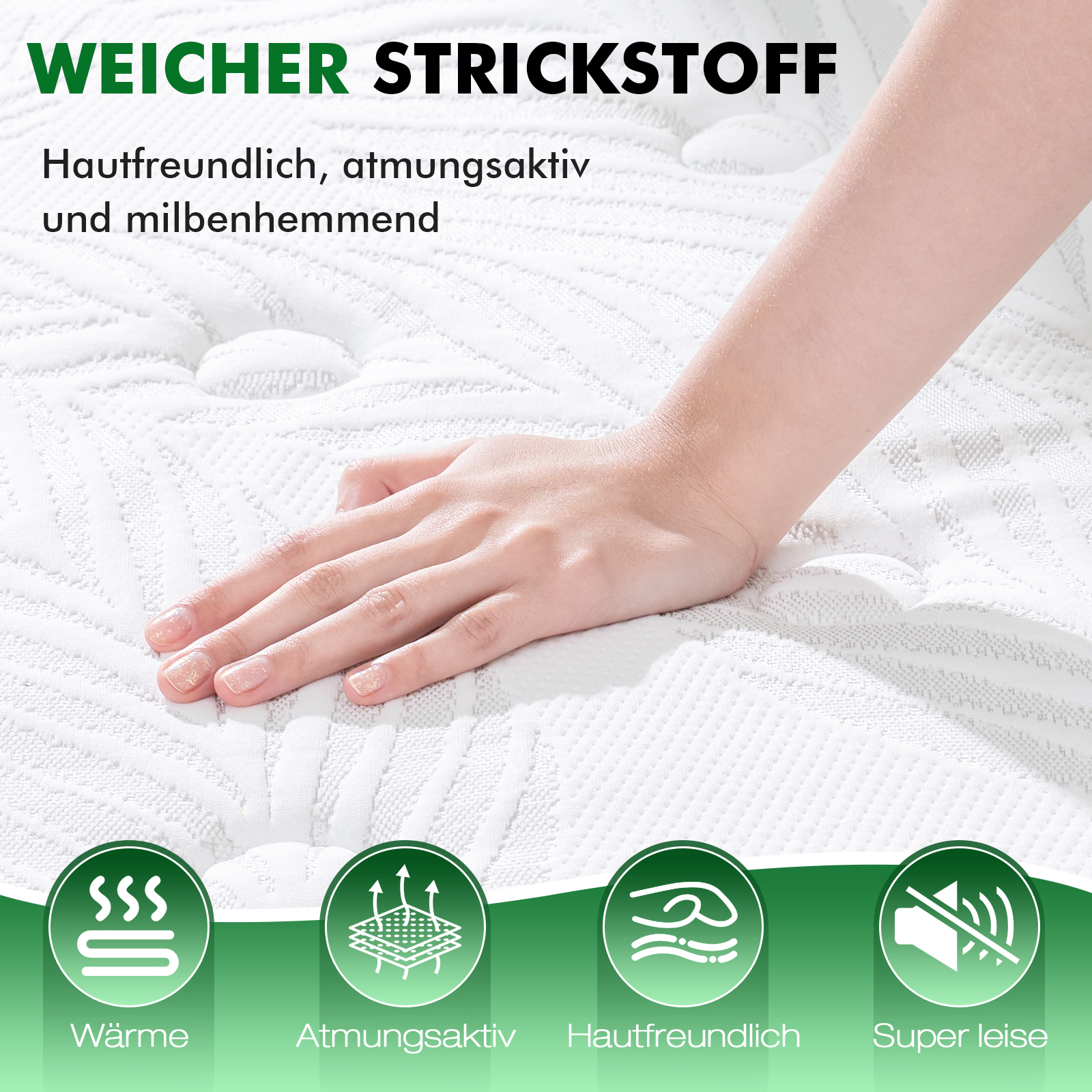 Eine Hand ruht auf einer weißen, strukturierten Matratze. Darunter befinden sich Symbole für Wärme, Atmungsaktivität, Hautfreundlichkeit und Geräuschlosigkeit.