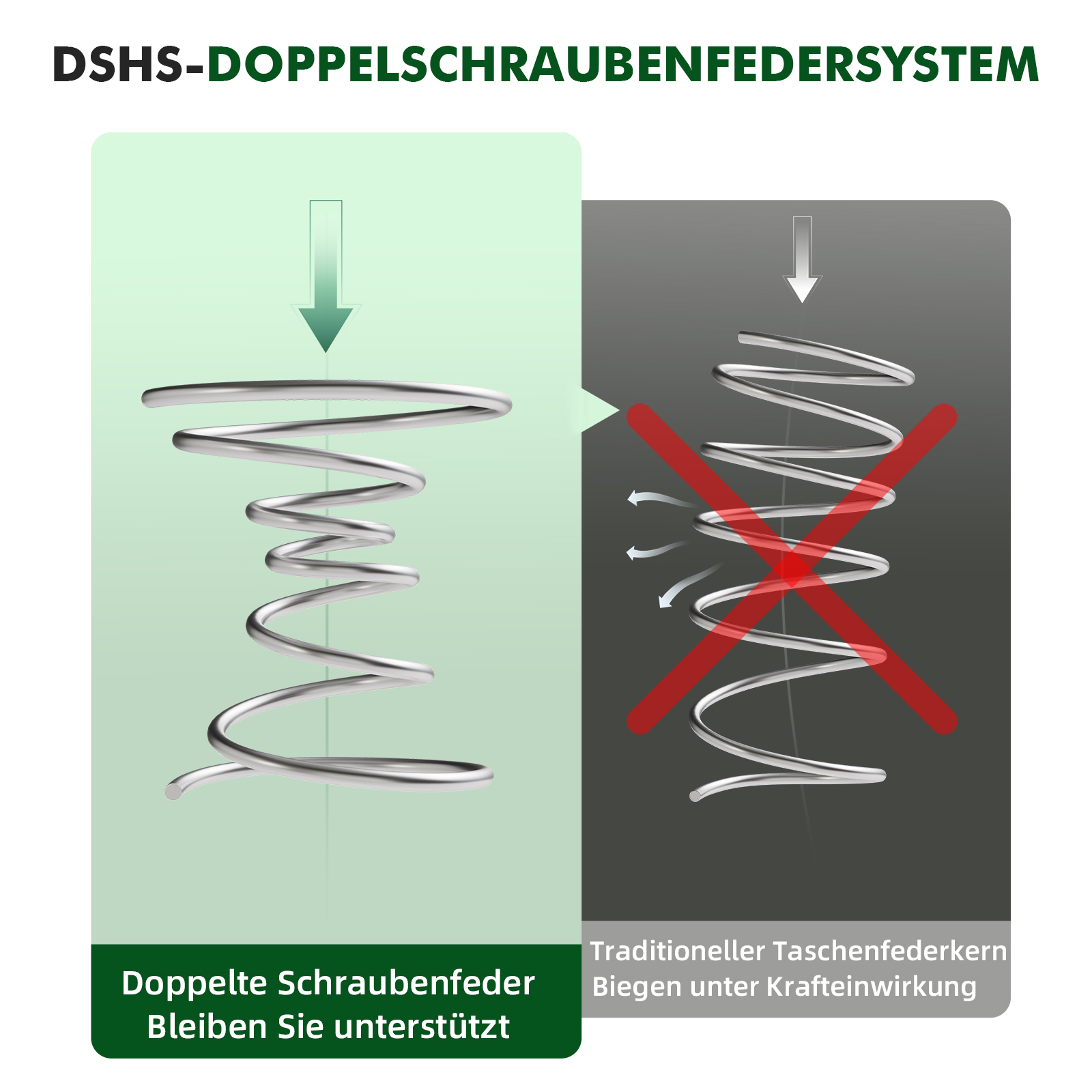 Diagramm, das ein Federsystem zeigt. Links: Doppelfeder. Rechts: traditionelle Feder, durchgestrichen. Grüner und grauer Hintergrund.