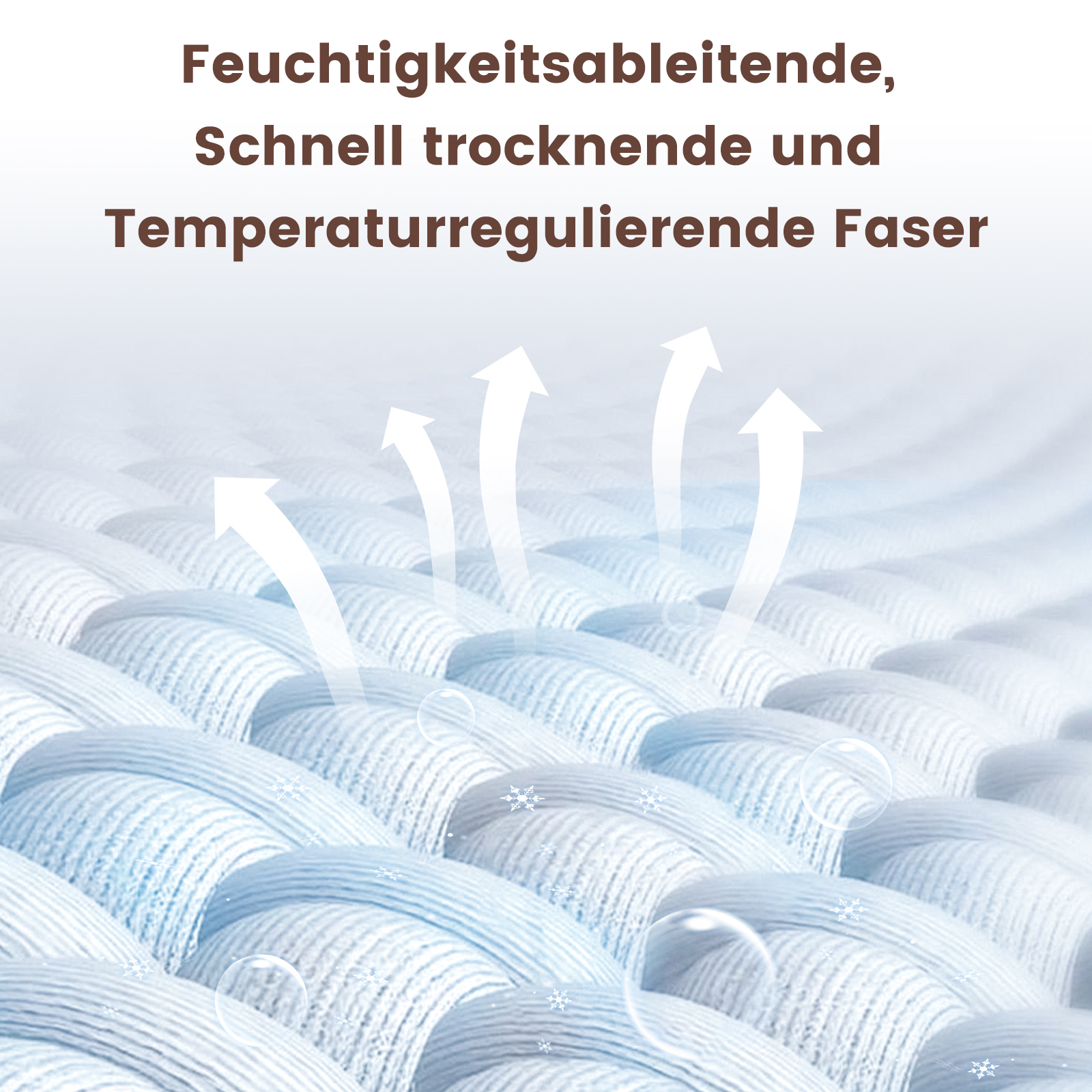 Nahaufnahme von hellblauem Stoff mit weißen Pfeilen, die den Luftstrom anzeigen. Text erwähnt feuchtigkeitsableitende, schnell trocknende Fasern.