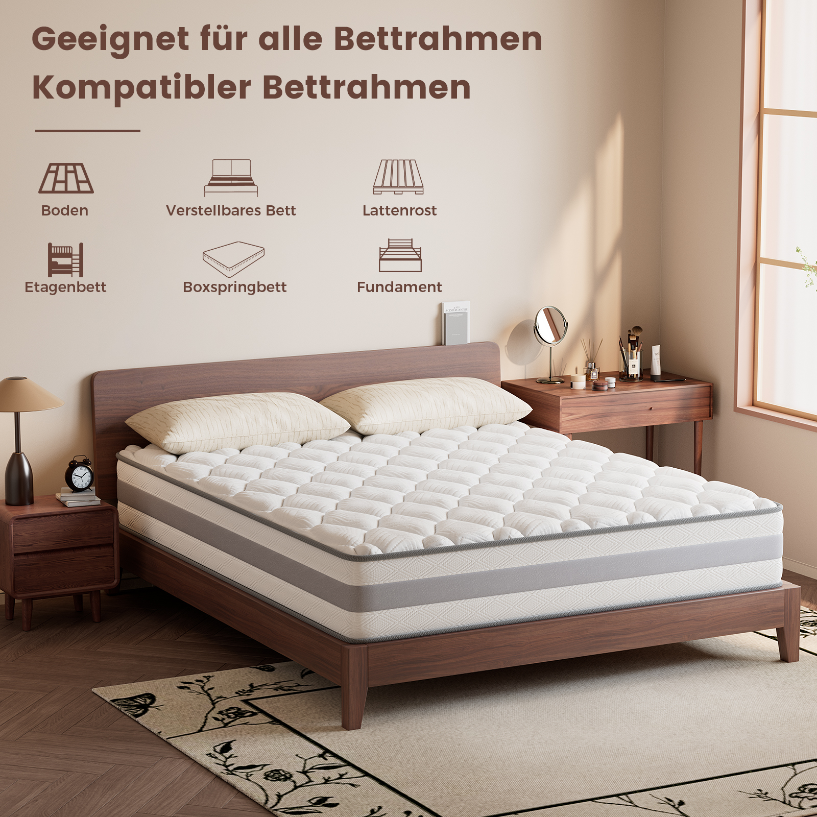 Ein Schlafzimmer mit Bett und Teppich. Beispiele für kompatible Bettrahmen werden gezeigt. Der Raum hat ein ruhiges, neutrales Farbschema.