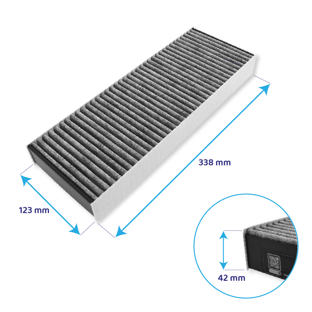Rechteckiger Luftfilter mit den Maßen: 338 mm Länge, 123 mm Breite, 42 mm Dicke.