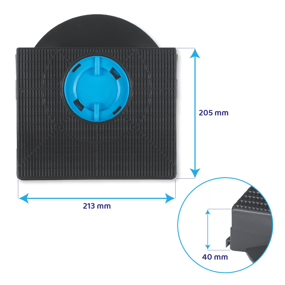 Filtr powietrza o wymiarach: 213 mm x 205 mm, 40 mm grubości, z niebieskim środkiem i wzorem kratki.