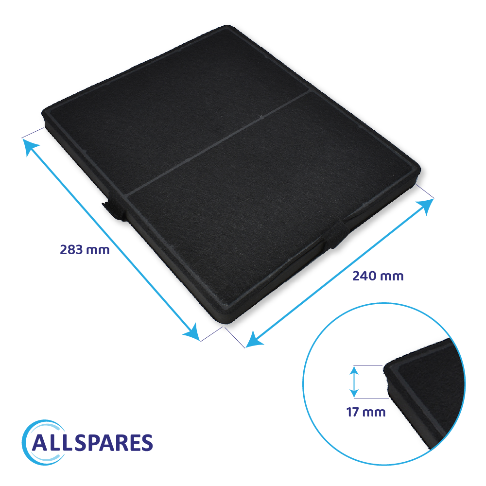 Schwarzer rechteckiger Filter mit Größenangaben. Die Abmessungen sind 283 mm x 240 mm x 17 mm. Allspares-Logo unten.
