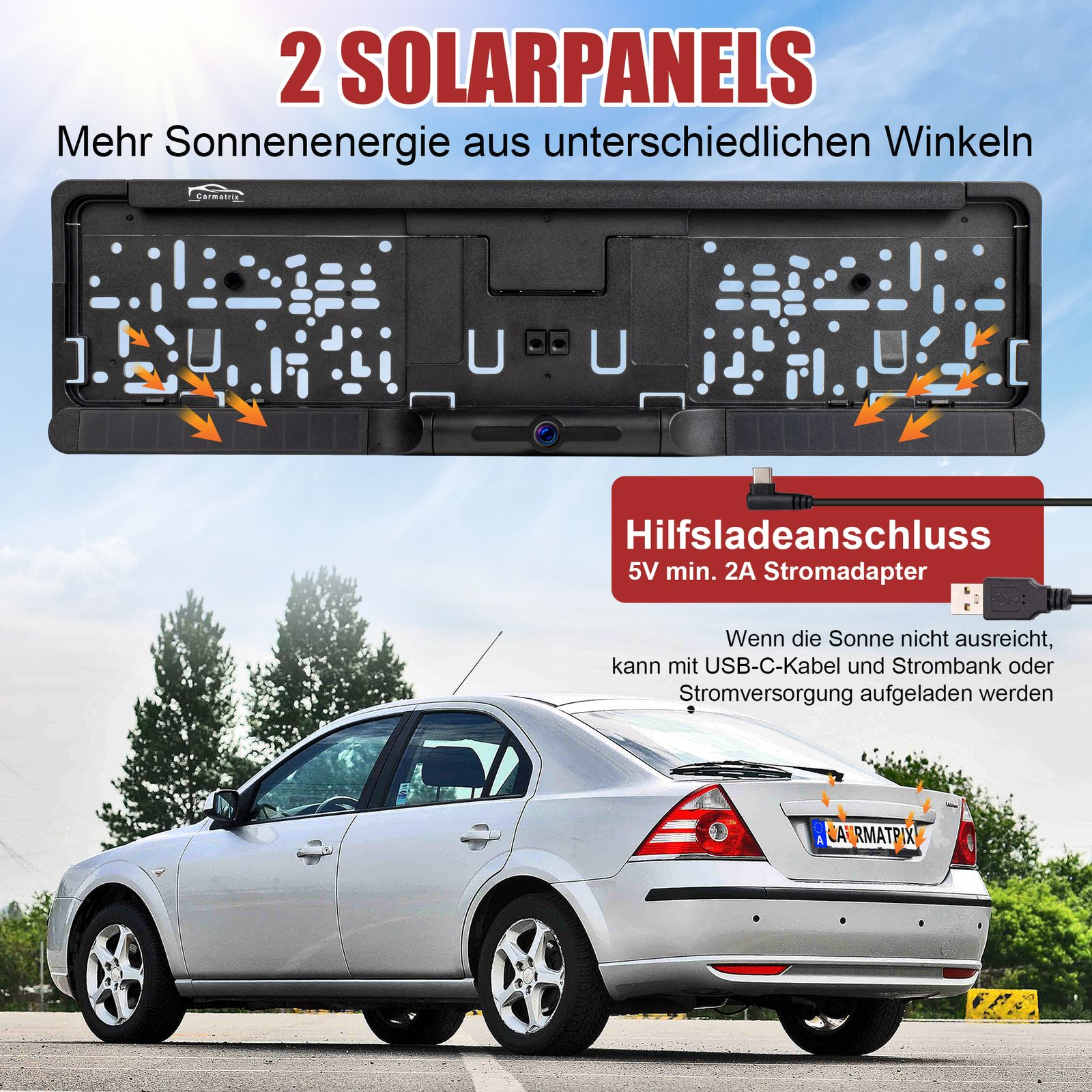 Silbernes Auto mit Kennzeichenrahmen. Der Rahmen hat Sonnenkollektoren. Text auf Deutsch beschreibt Funktionen und Lademöglichkeiten.