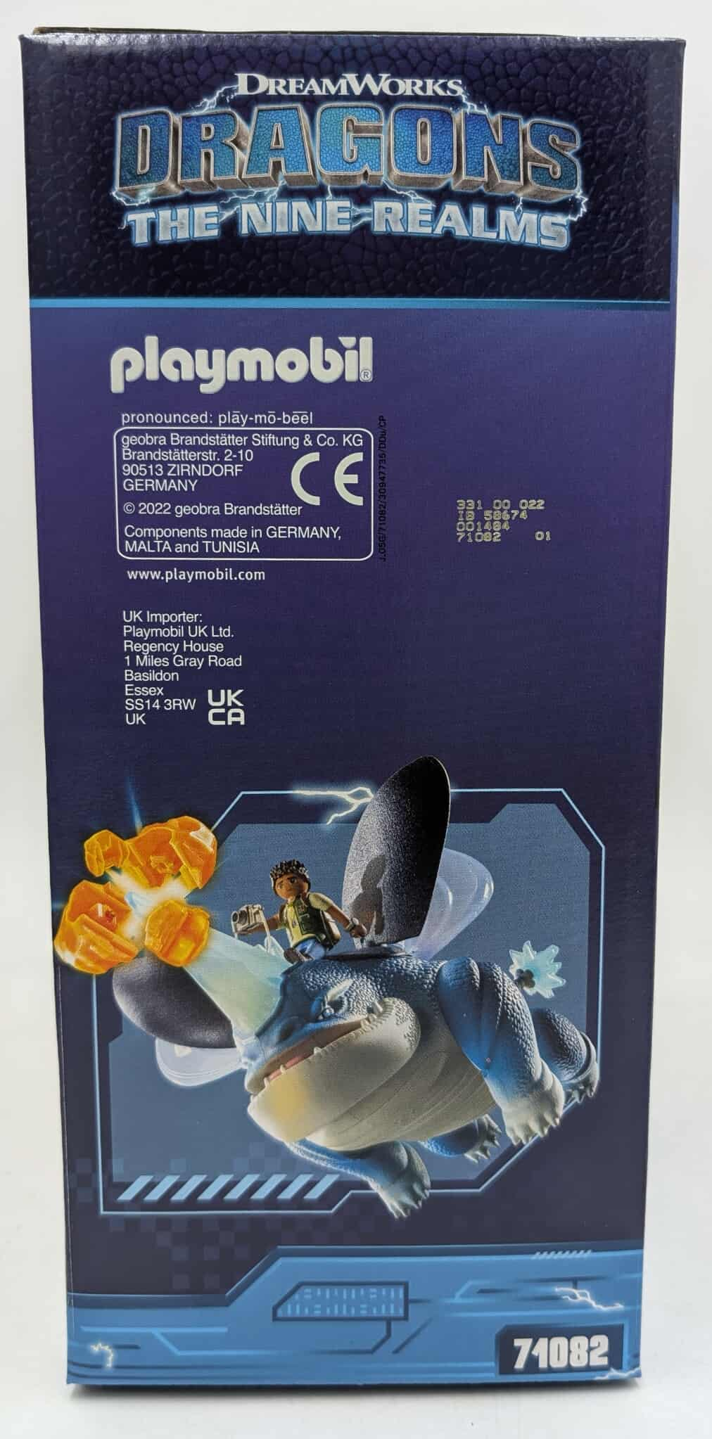 Schachtel mit Dreamworks Dragons Logo, Playmobil Text. Bild zeigt Figur auf Drachen, mit Feuerstößen.