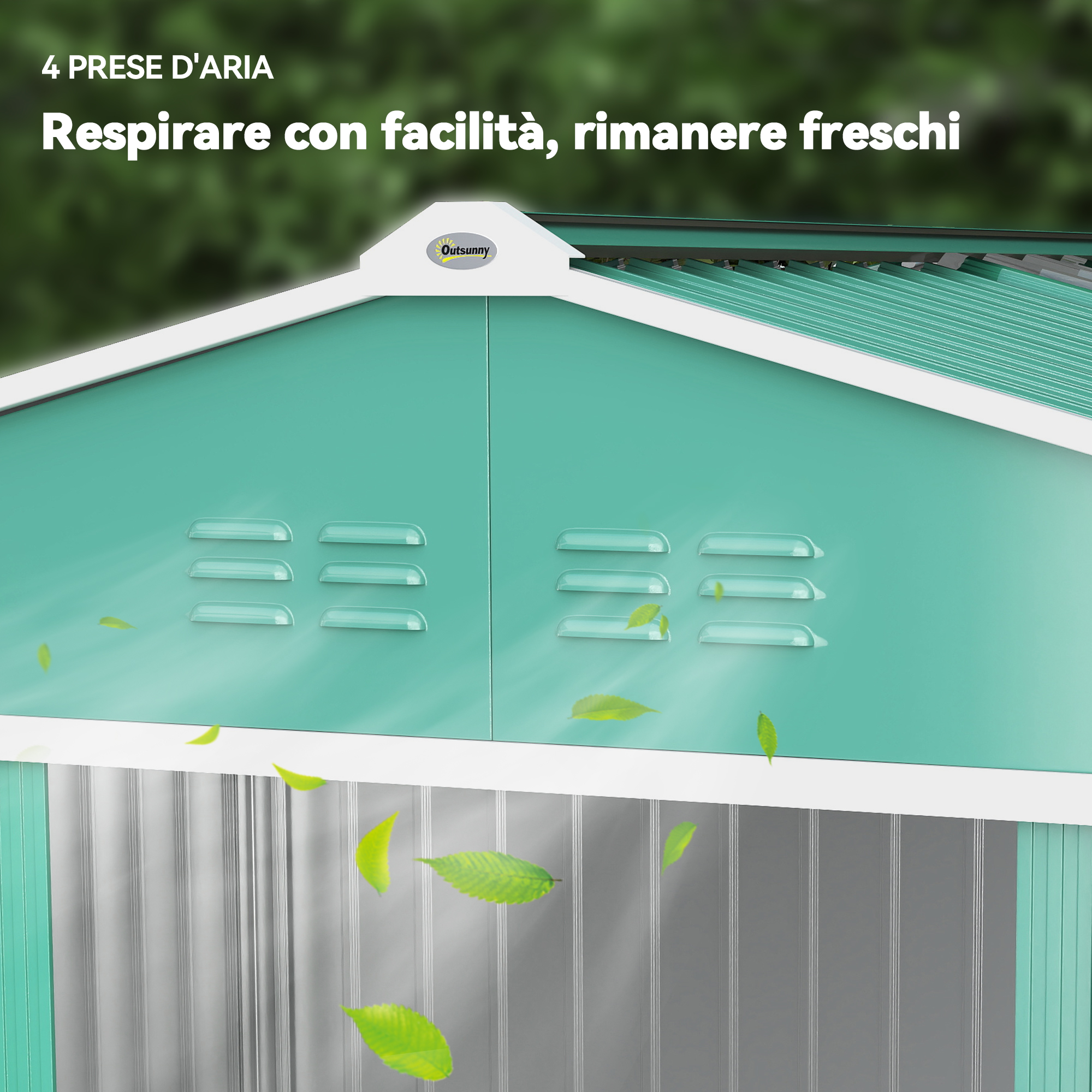 Un capannone verde acqua con prese d'aria e tetto verde. Le parole 'Respira con facilità, rimanere freschi' sono sopra.