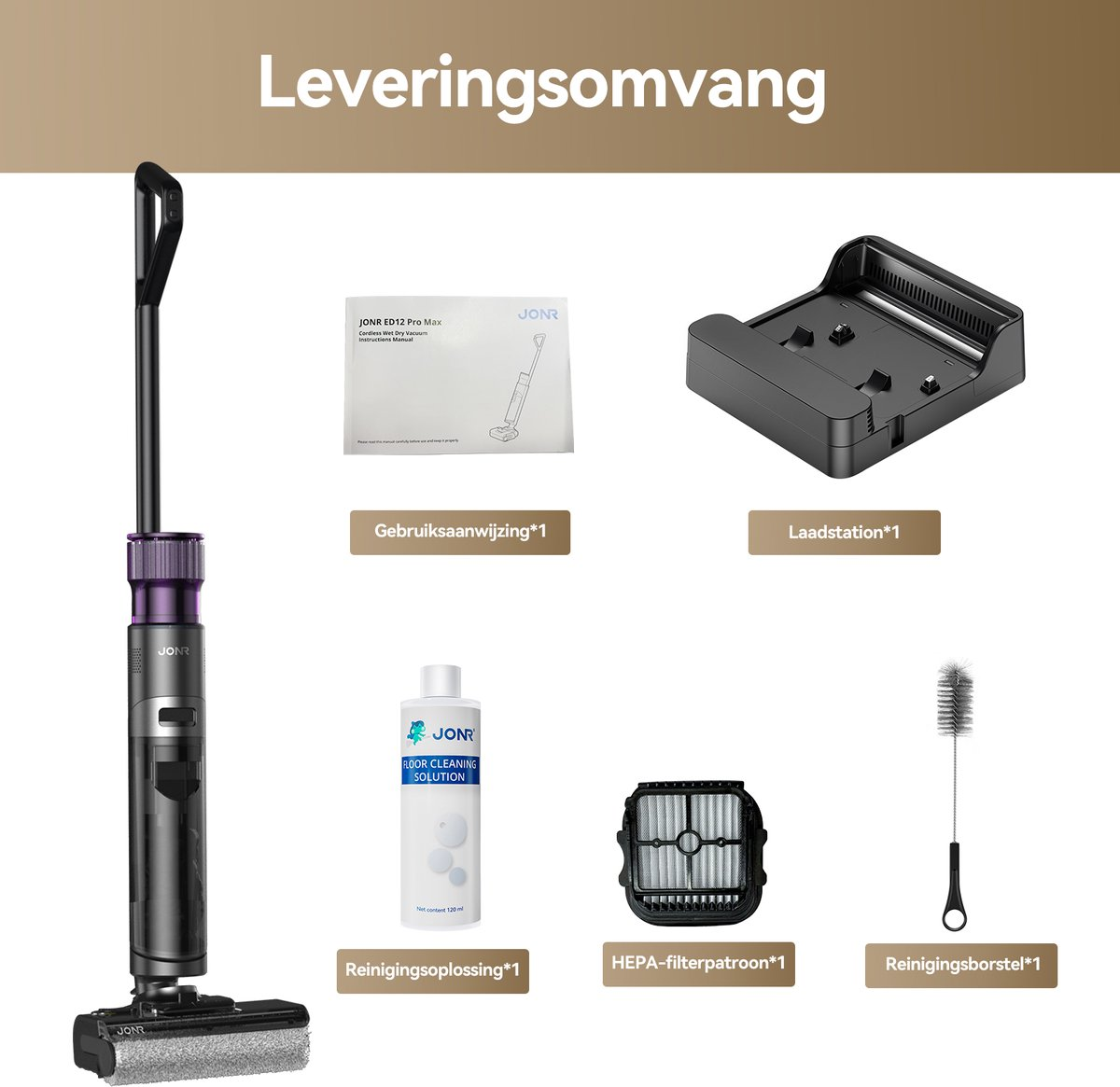 Pièces d'aspirateur: aspirateur, station de charge, solution de nettoyage, filtre, brosse et manuel.
