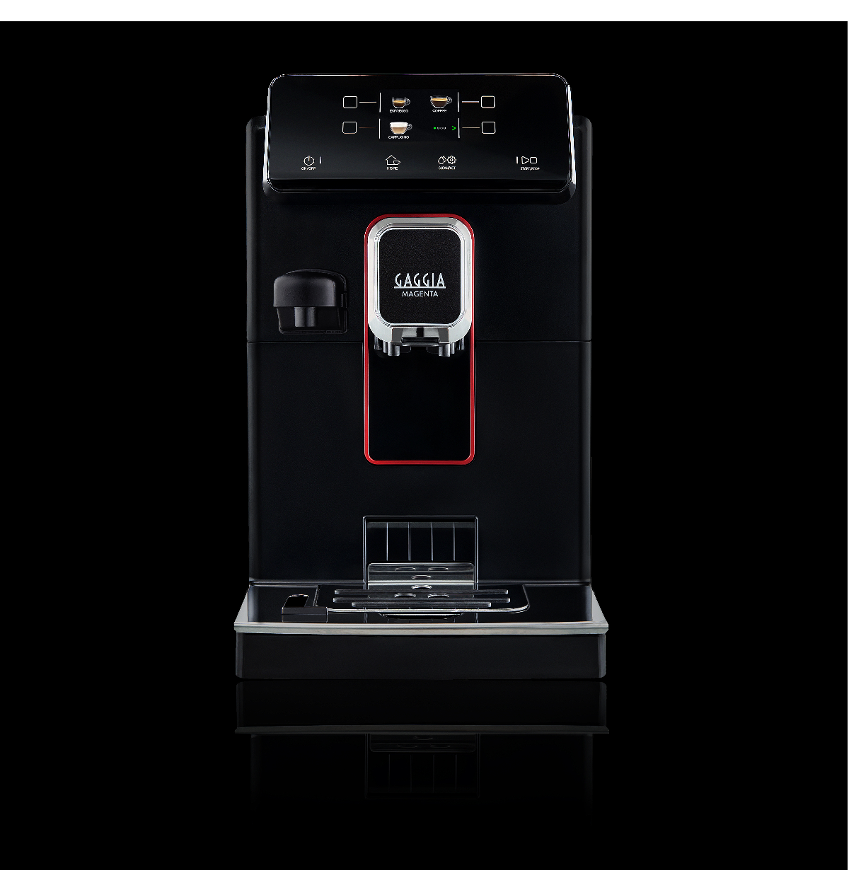 Een zwarte Gaggia Magenta espressomachine met een touchscreen en een rode accent.