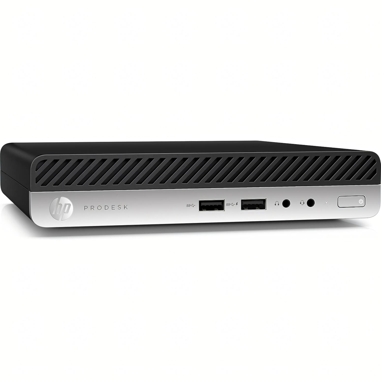 Ordenador HP ProDesk negro y plateado. Vista frontal con puertos y logotipo visibles. Aislado sobre fondo blanco.