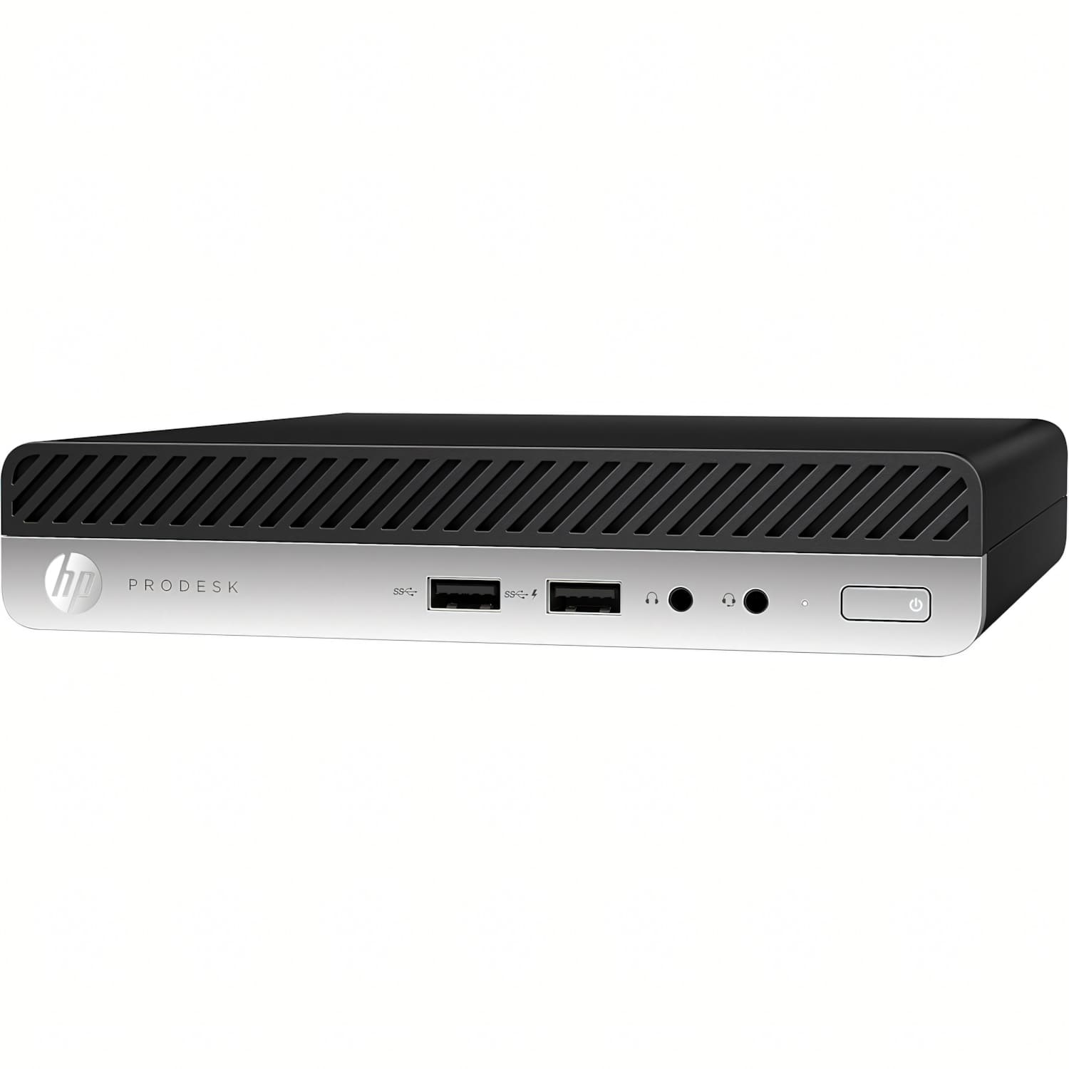 Ordenador HP ProDesk negro y plateado. Vista frontal con puertos y logotipo visibles. Aislado sobre fondo blanco.