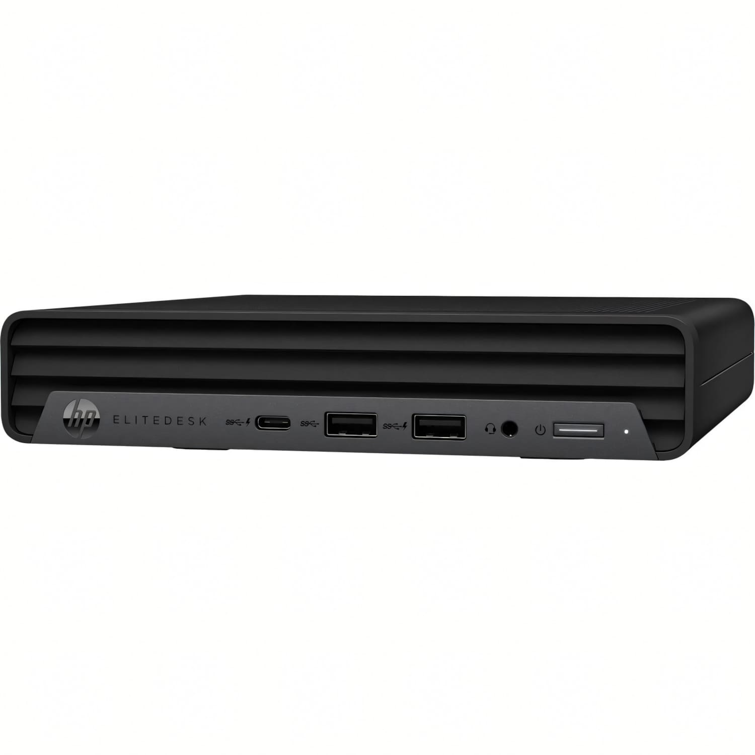 Ordenador HP EliteDesk negro y plateado. Vista frontal con puertos y logo visibles. Aislado sobre fondo blanco.