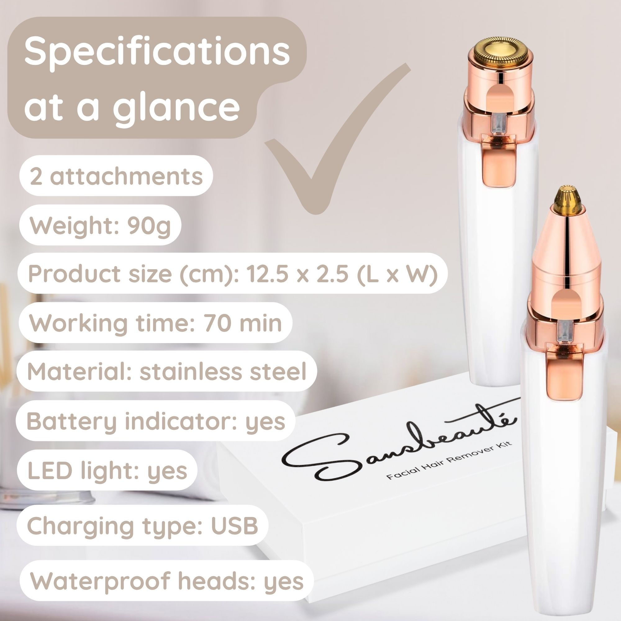 Zwei weiße und goldene Haarentfernungsgeräte, mit Spezifikationen: 2 Aufsätze, 90g Gewicht, 12,5x2,5cm, 70min Arbeitszeit, USB-Aufladung.