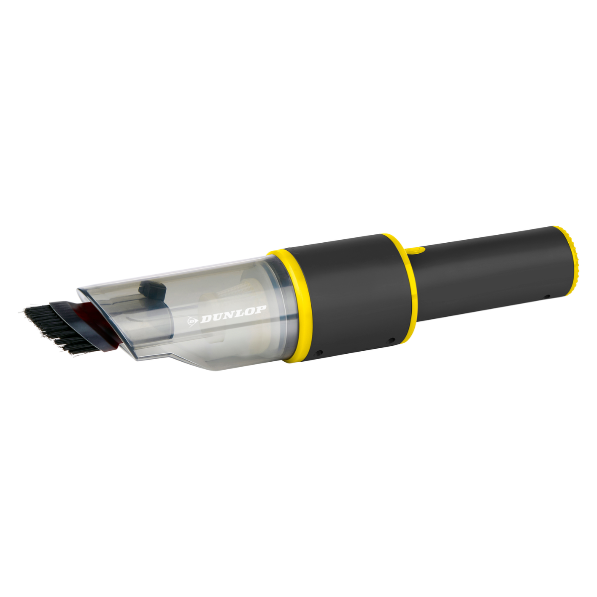 Black and gray handheld vacuum cleaner with yellow accents and the brand name 'Dunlop'.