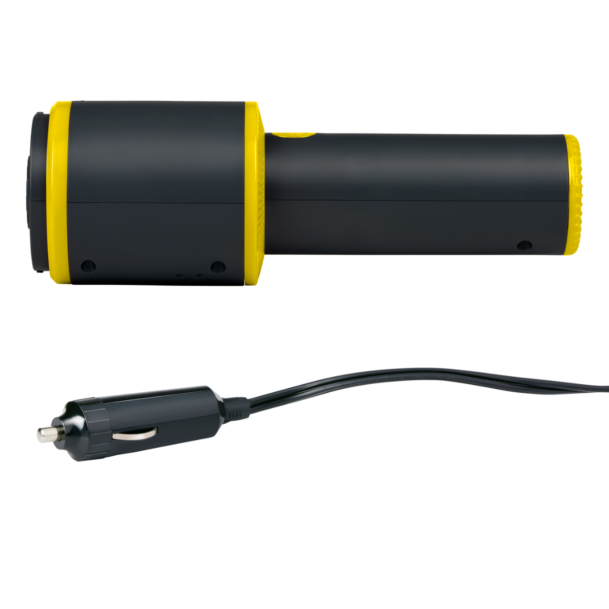 Black and yellow handheld vacuum cleaner, with a car charger cable attached. Dunlop brand.