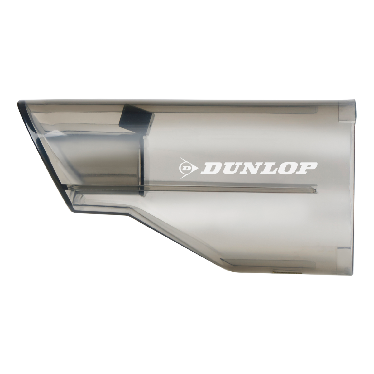 Clear plastic dust cup with Dunlop logo. Angled design, light grey color.