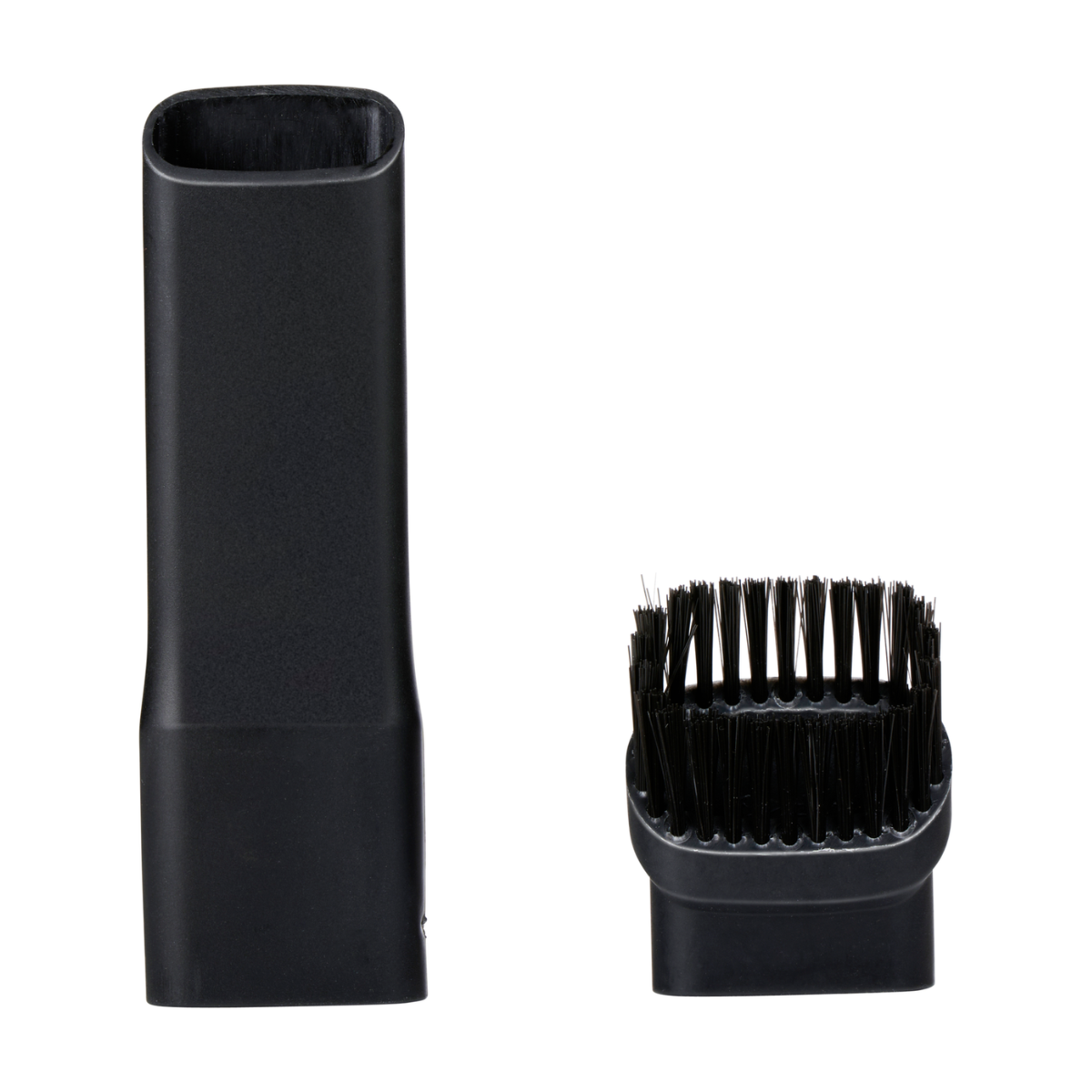 Two black vacuum cleaner attachments. One is a crevice tool, the other a brush head.