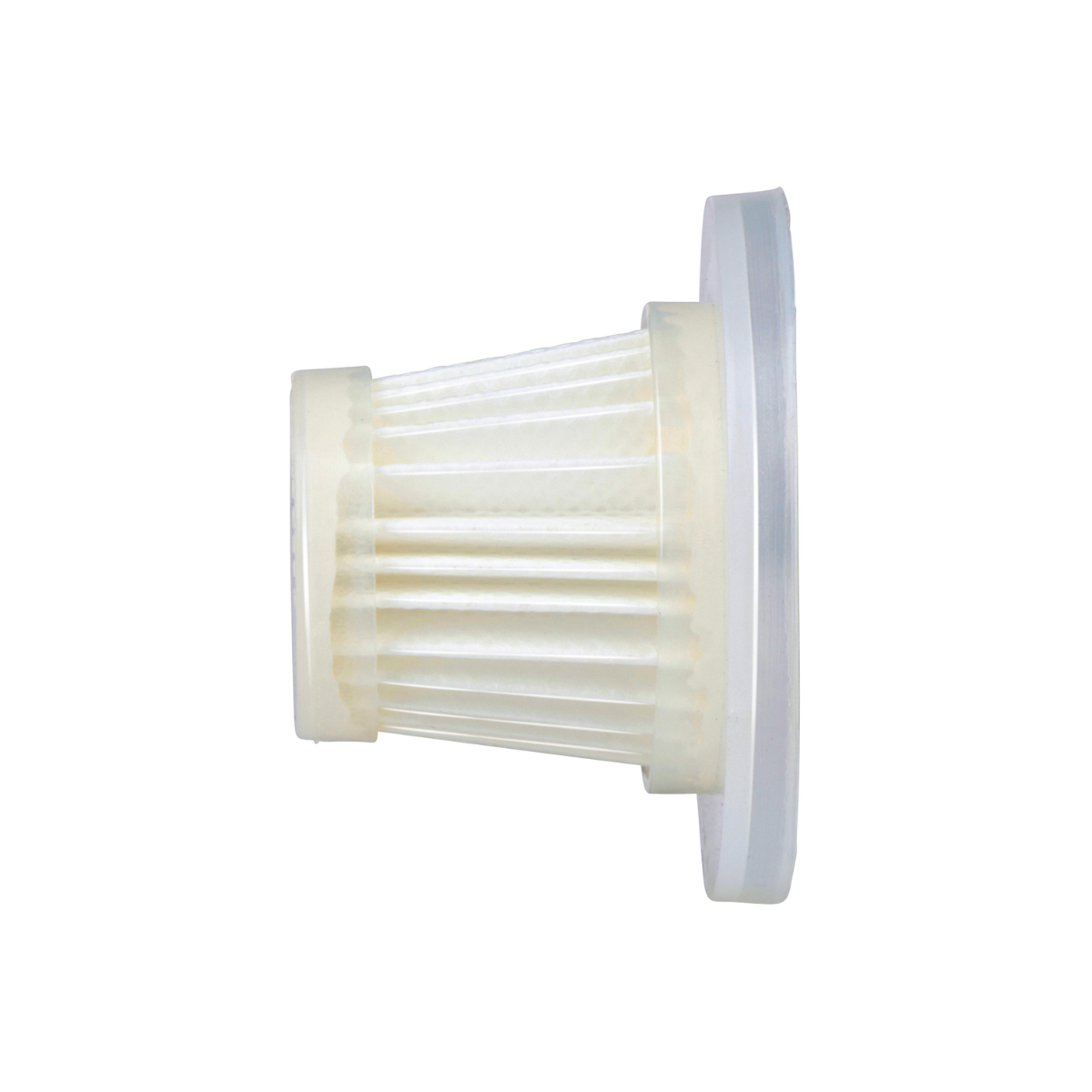 White filter for a vacuum cleaner. Cylindrical with pleated design, and a white circular base.
