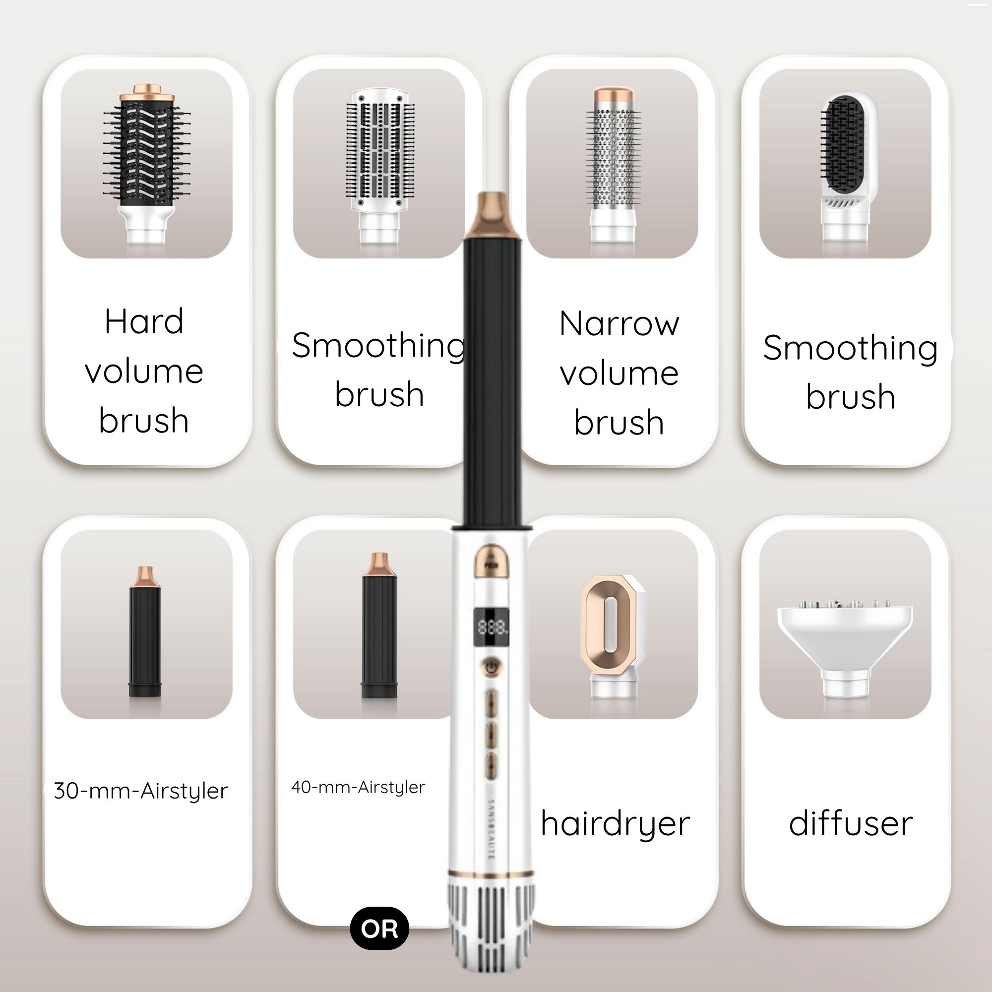 Hair styling tool with multiple attachments displayed around it, labeled with their names.
