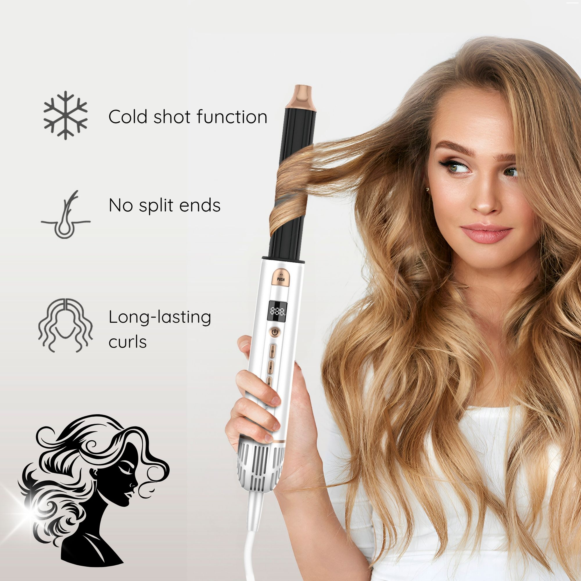 A woman with blonde hair curls her hair with a white and black curler. Features like cold shot and long-lasting curls are shown.