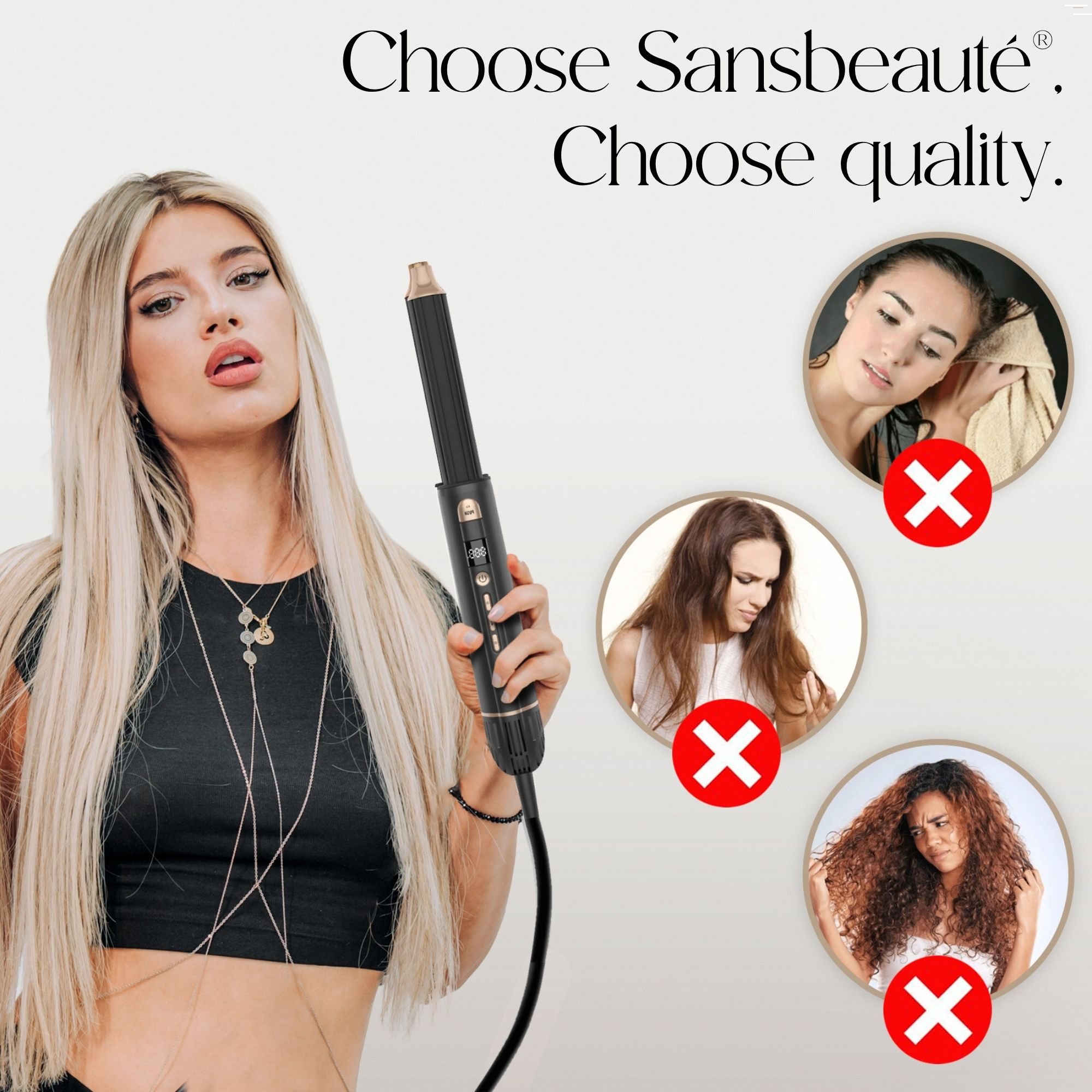 Een vrouw met lang blond haar houdt een zwart-witte krultang vast en er worden andere vrouwen met slechte haarvoorbeelden getoond.