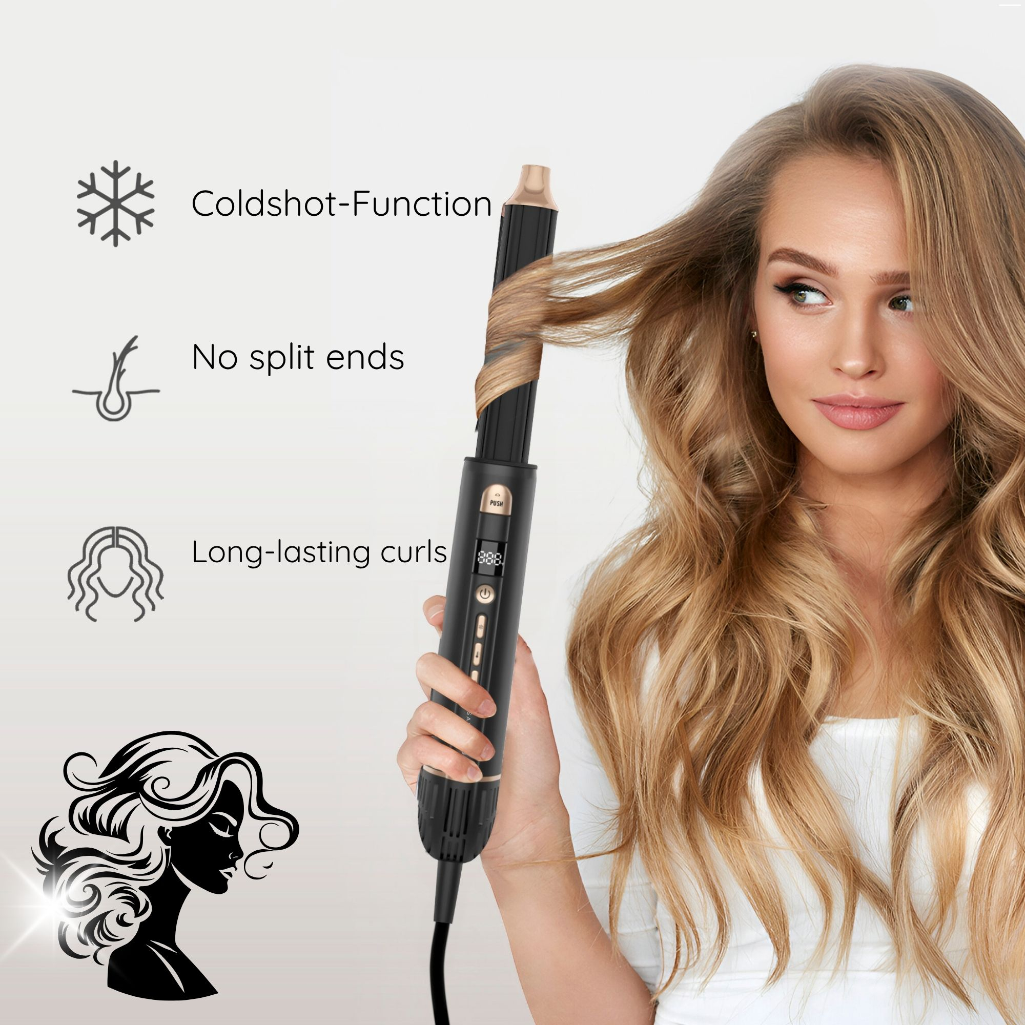 Een vrouw met blond haar krult haar haar met een zwarte krultang. Kenmerken als koude shot en langdurige krullen worden getoond.