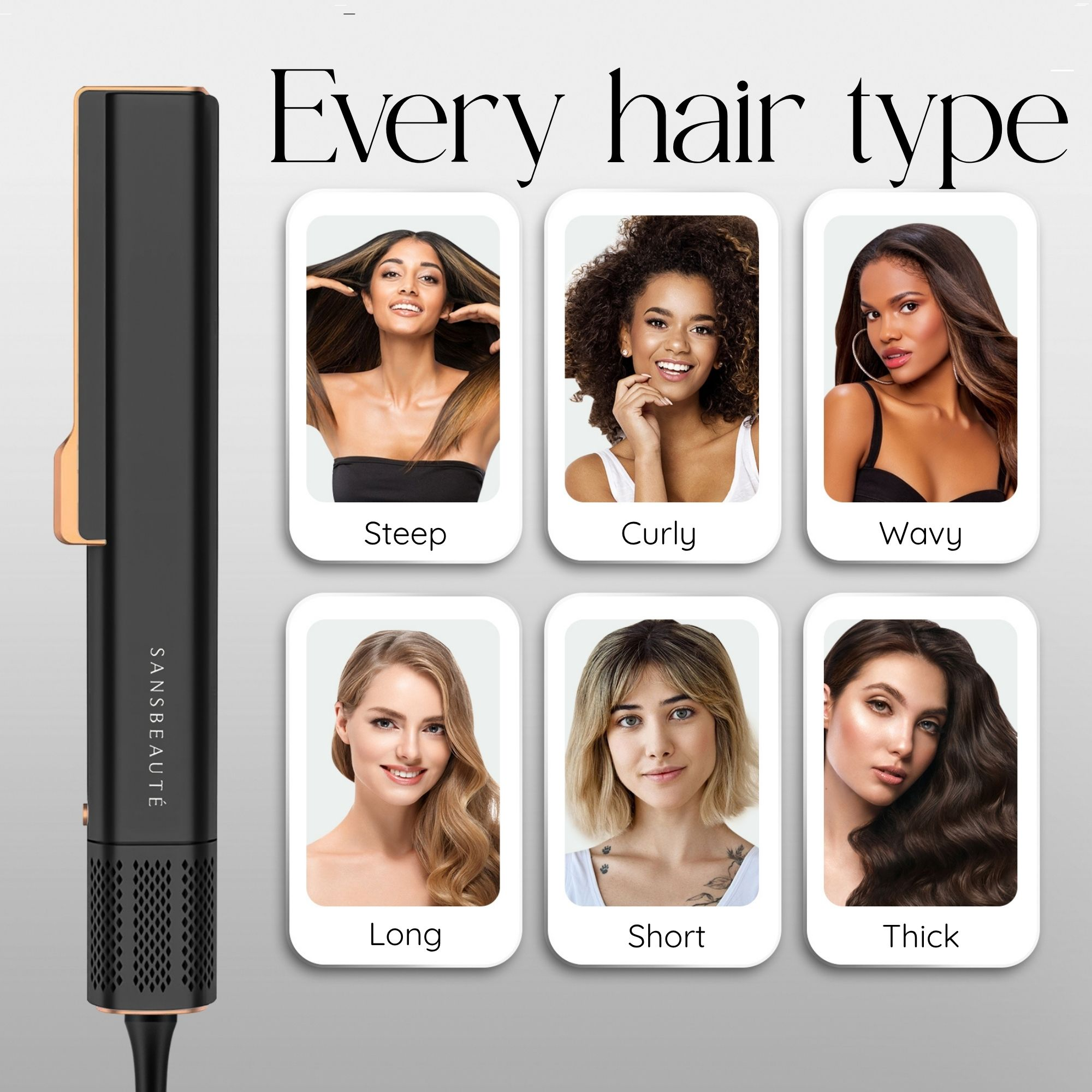 Das Bild zeigt ein Haarglätteisen und sechs Haartypen: Steep, Curly, Wavy, Long, Short und Thick.