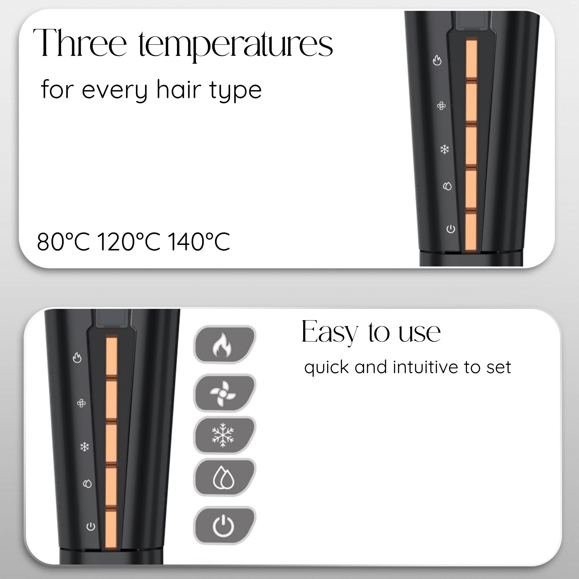 Das Bild zeigt drei Temperatureinstellungen und benutzerfreundliche Funktionen für ein Haarglätteisen.
