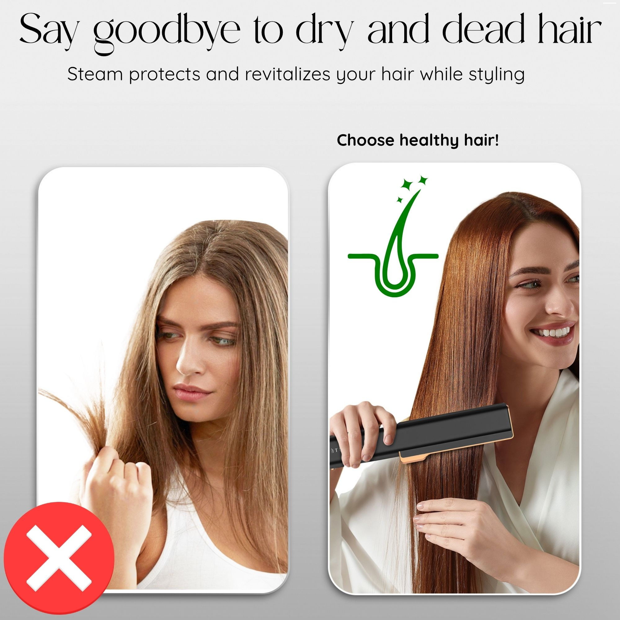 Das Bild kontrastiert geschädigtes Haar mit gesundem Haar, das mit einem Haarglätteisen gestylt wird.