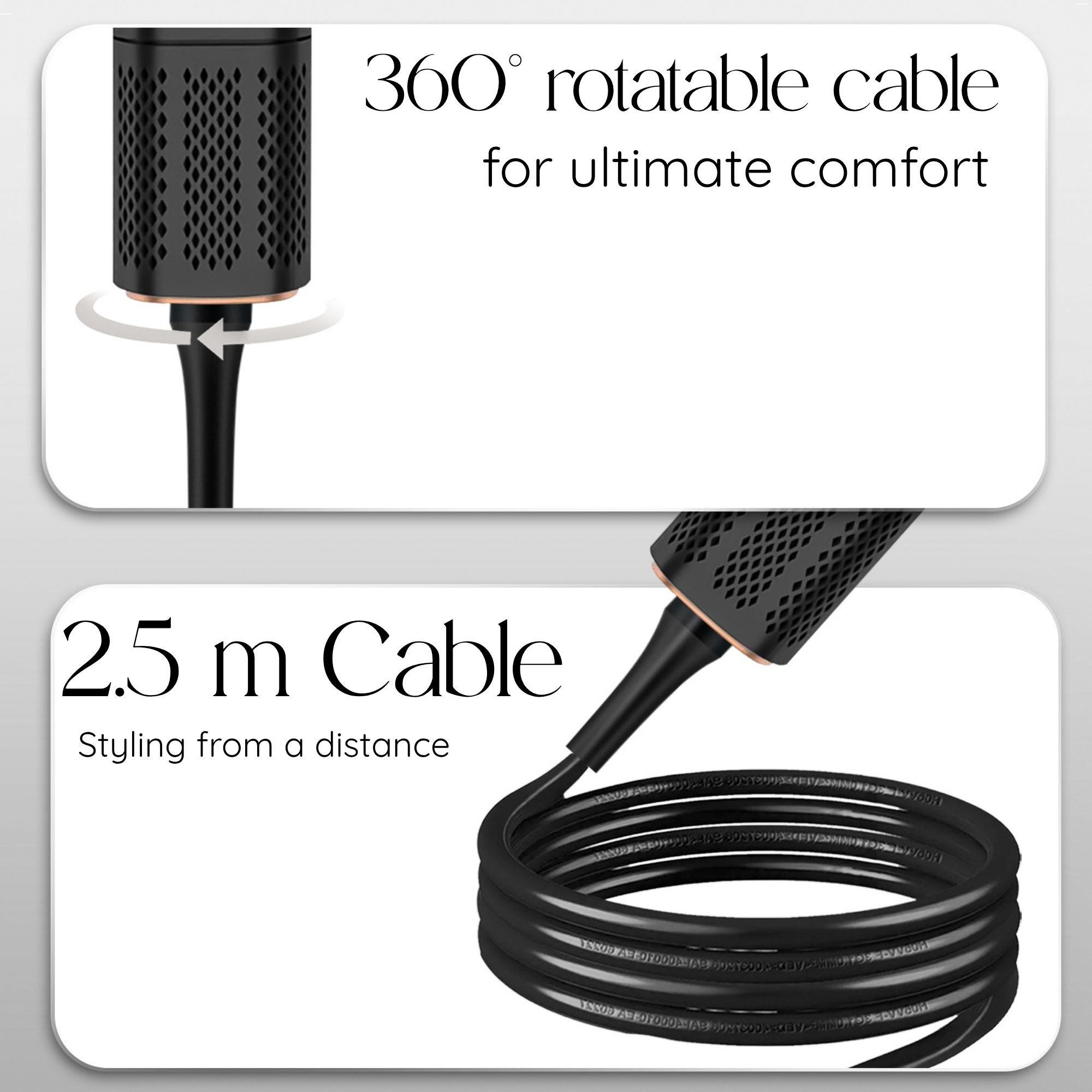 Das Bild zeigt das drehbare Kabel eines Haarglätteisens und ein 2,5 m langes Kabel für das Styling aus der Ferne.