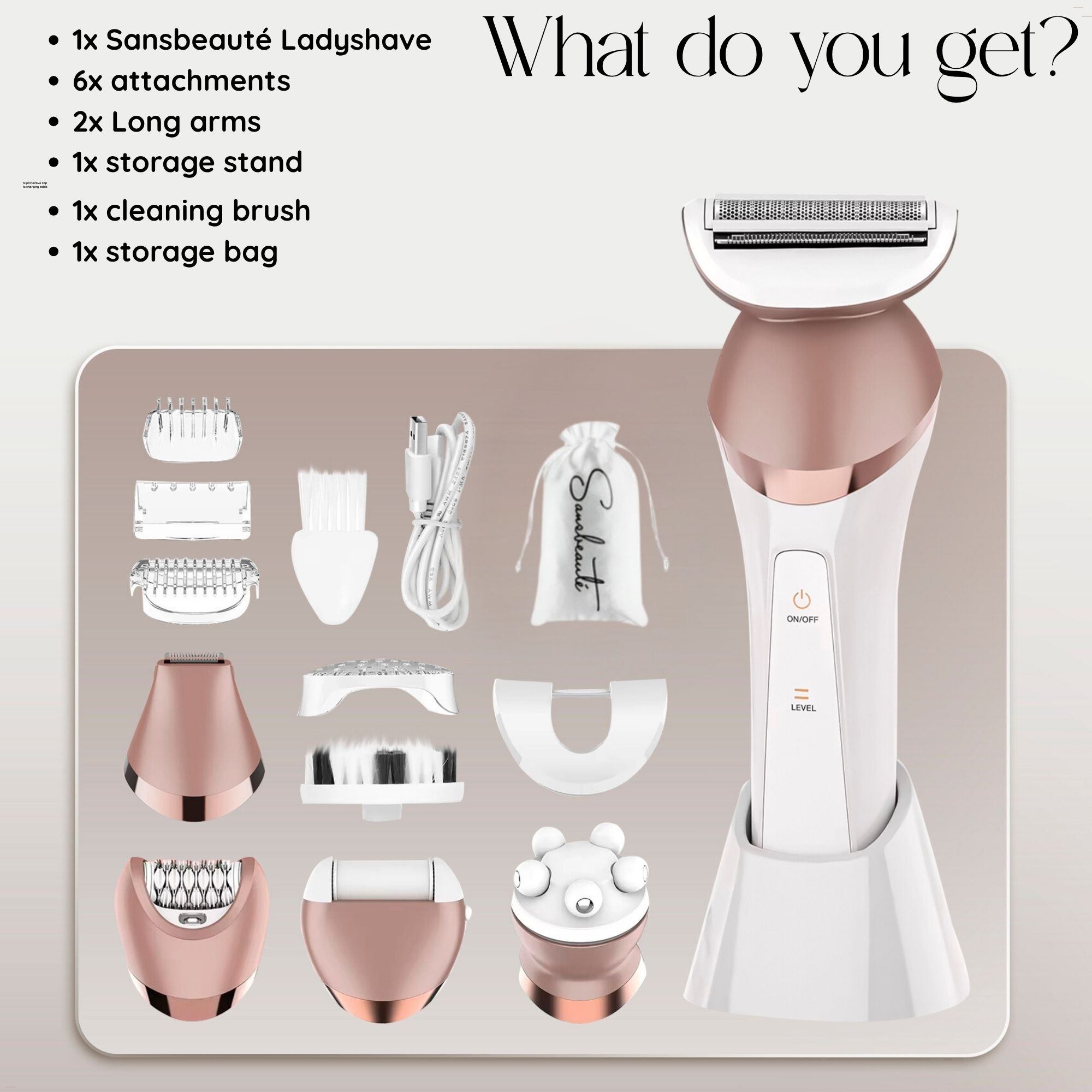 Das Bild zeigt einen Sansbeauté Ladyshave, Aufsätze, Reinigungsbürste, Tasche, Ständer und lange Arme.