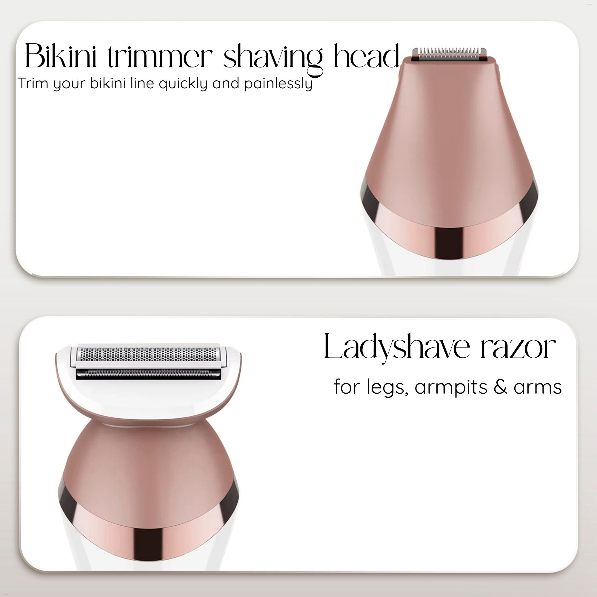Das Bild zeigt einen Bikini-Trimmer-Rasierkopf und einen Lady-Rasierer für Beine, Achseln und Arme.