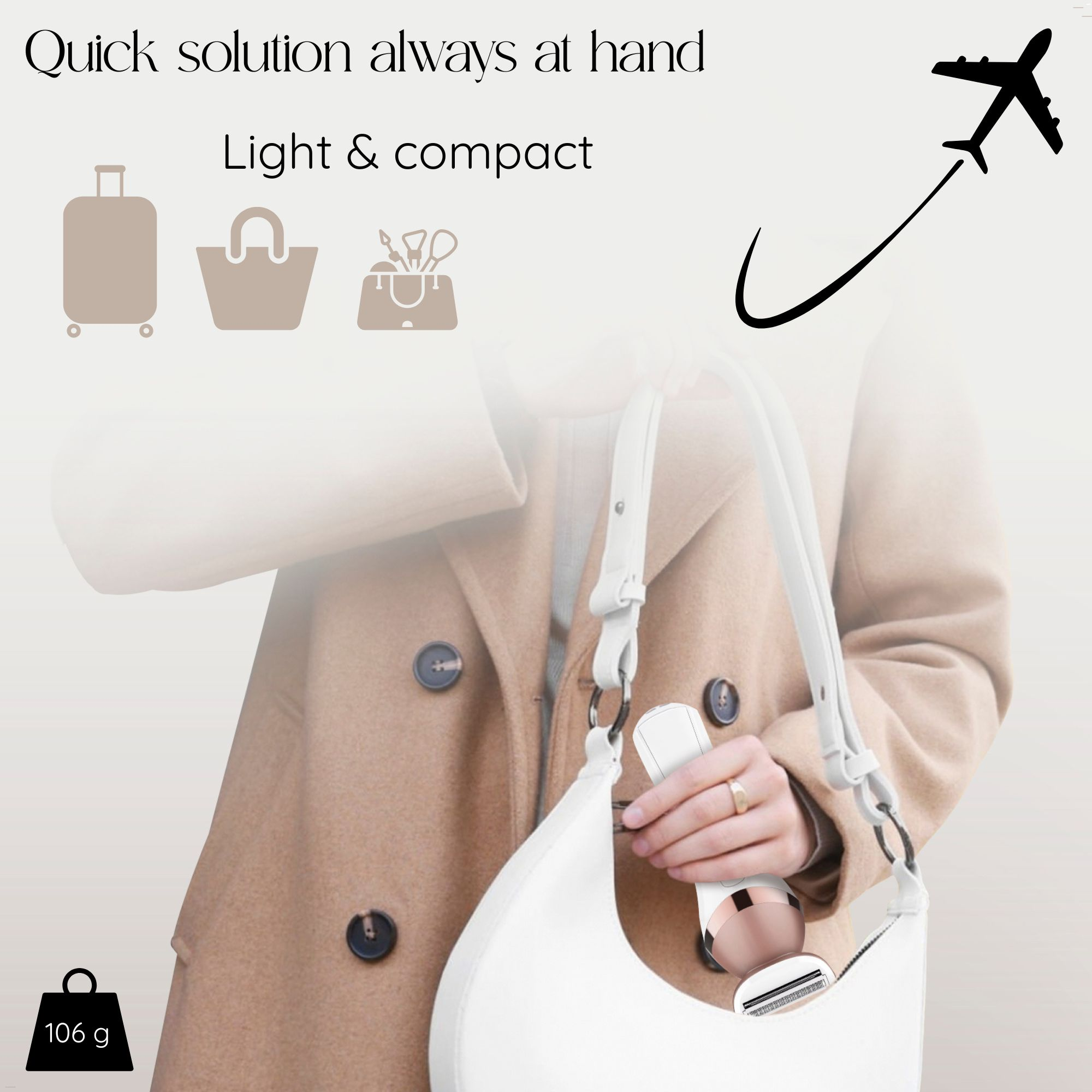 Das Bild zeigt eine Frau, die einen Rasierer, eine Handtasche, einen Koffer und eine Tasche hält, was die Tragbarkeit betont.