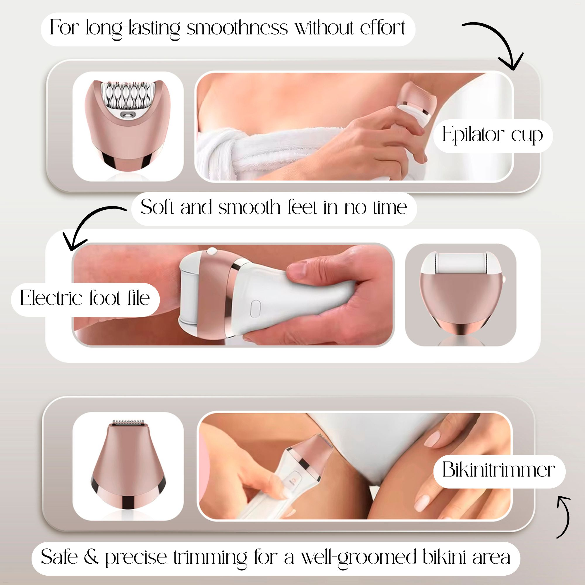 Das Bild zeigt ein Schönheitsgerät mit Aufsätzen für Epilation, Fußpflege und Bikinizonen-Trimmen, mit Nahaufnahmen.