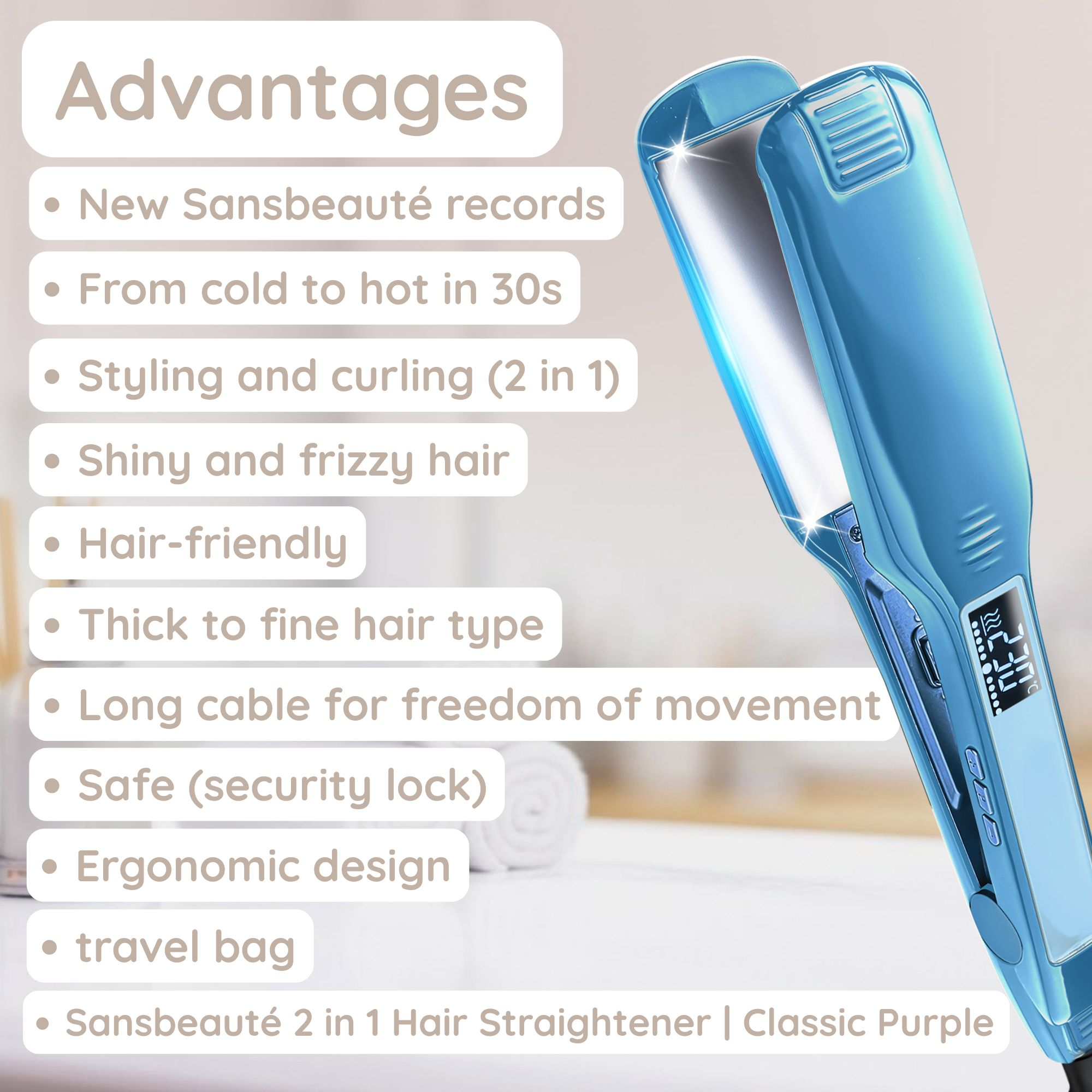 Ein blauer Haarglätter mit einer Liste von Vorteilen. Text: Vorteile, neue Rekorde, heiß in 30er Jahren, Styling und Locken.