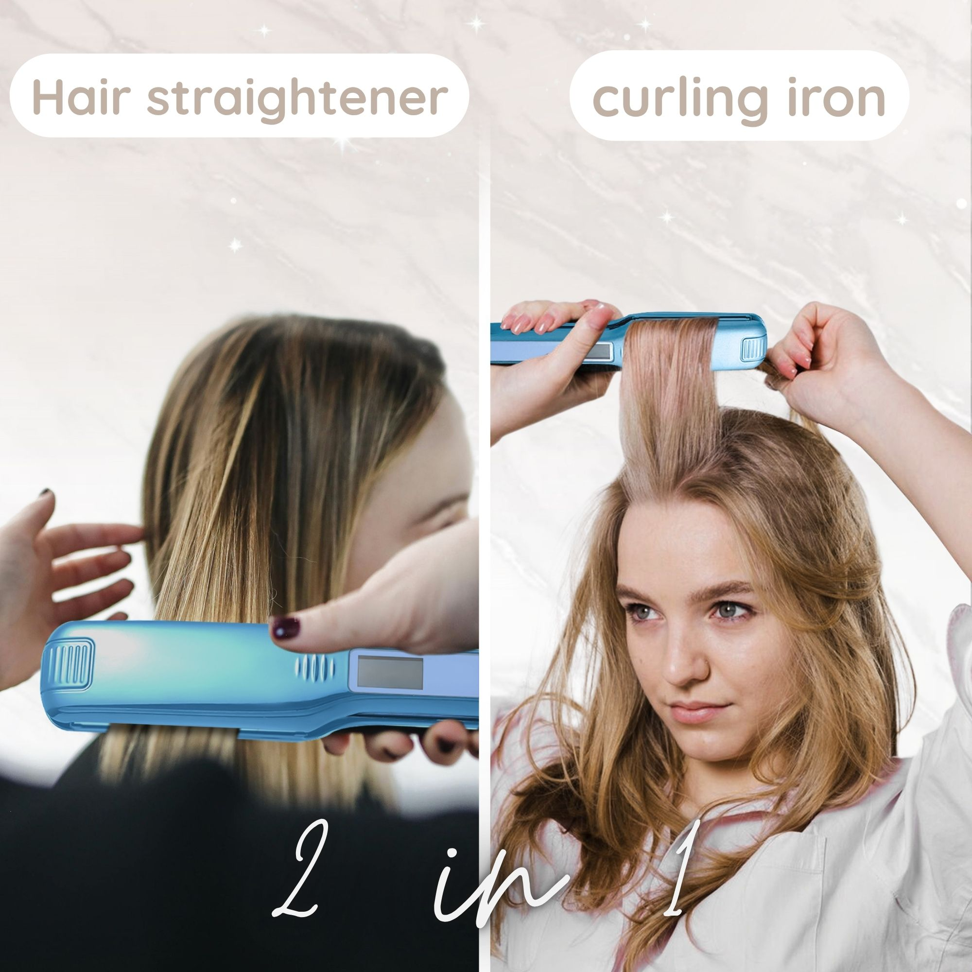 Frau benutzt Haarglätter und Lockenstab. Text: Haarglätter und Lockenstab. 2 in 1.