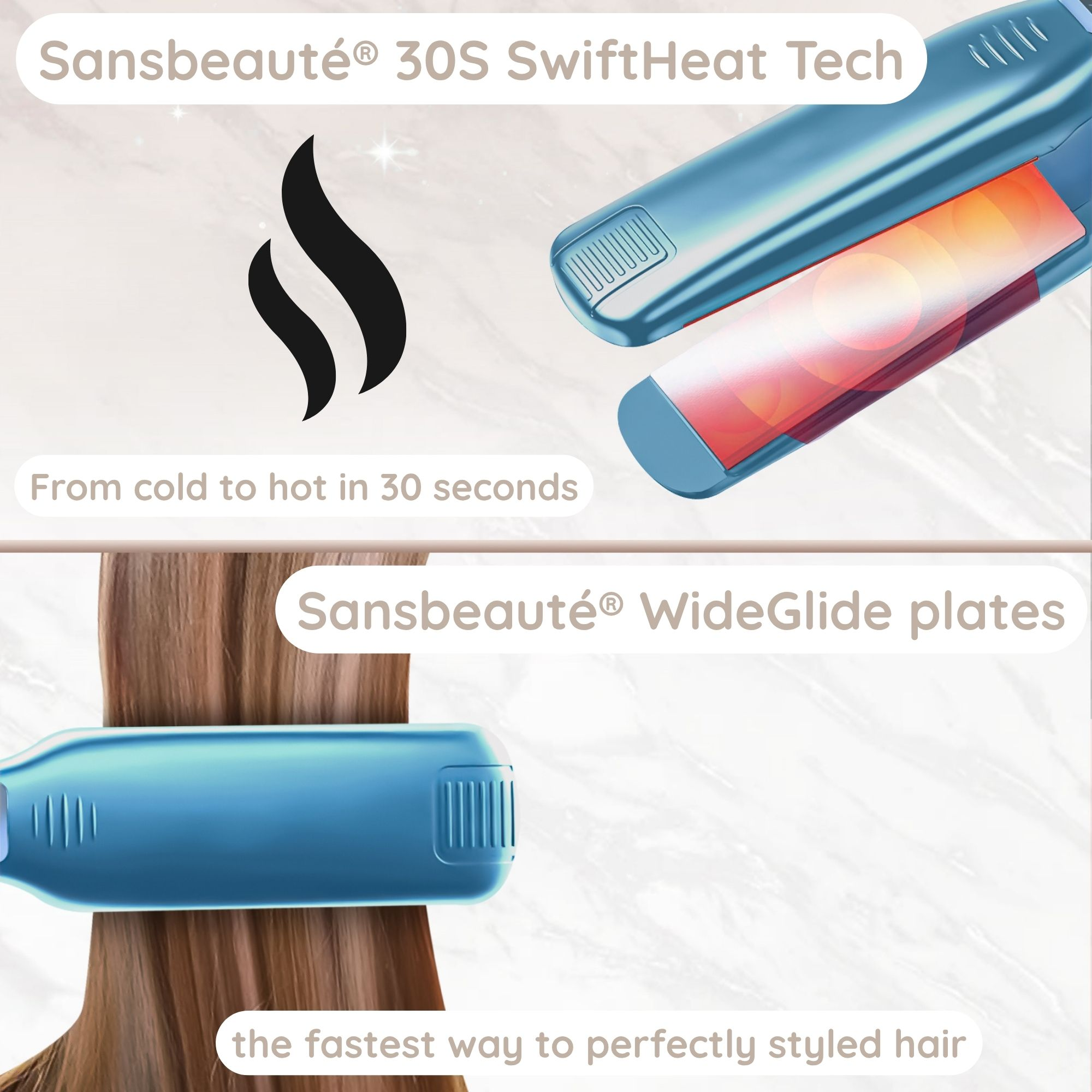 Ein blauer Haarglätter und eine Frau, die ihn benutzt. Text: 30S SwiftHeat Tech. Von kalt zu heiß in 30 Sekunden.