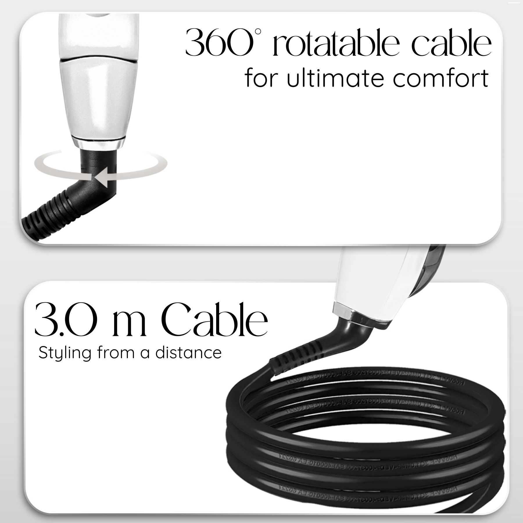 Kabel des Haarglätters mit Text: 360° drehbares Kabel für Komfort und 3,0 m Kabel. Styling aus der Ferne.