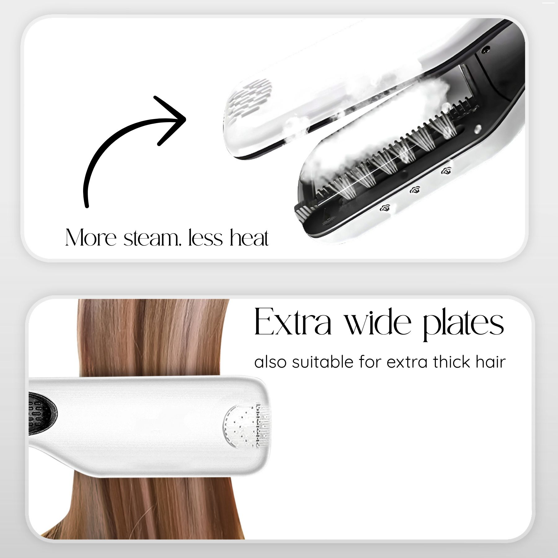Ein Haarglätter mit Dampf, offen und geschlossen, mit weißem Dampf. Der Text lautet 'Mehr Dampf, weniger Hitze'.