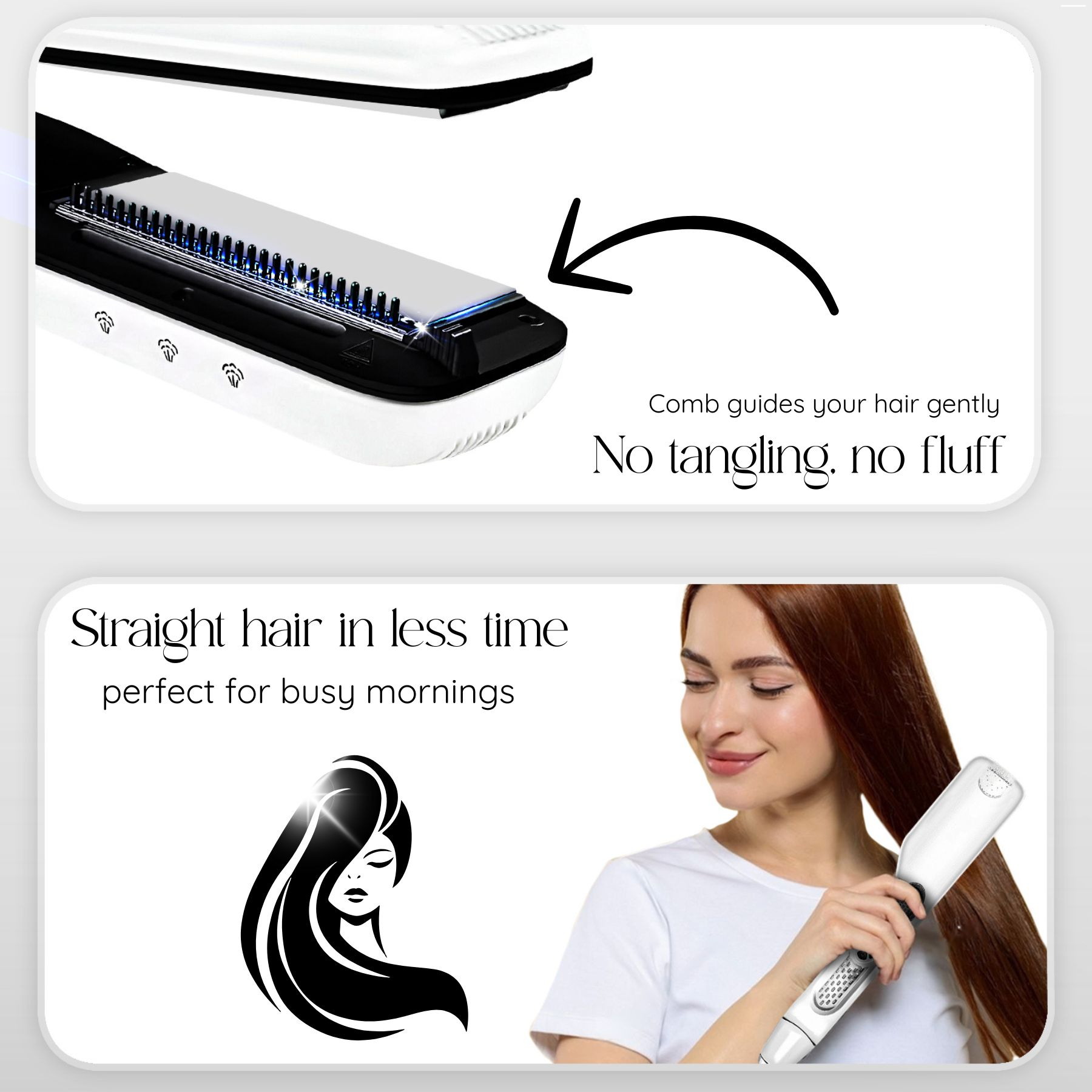 Ein Haarglätter mit einer Frau, die sich die Haare glättet. Der Text lautet 'Der Kamm führt Ihr Haar sanft. Kein Verheddern'.