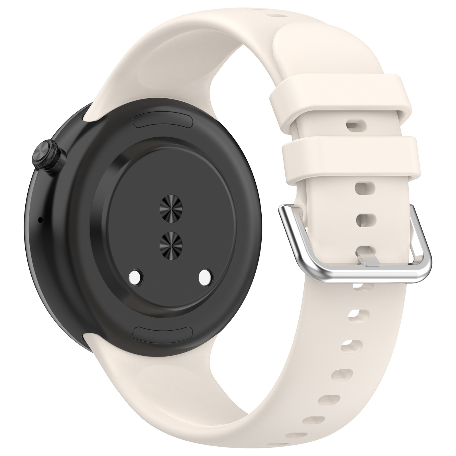 Die Rückseite einer Smartwatch mit einem weißen Armband. Der Hintergrund ist weiß.