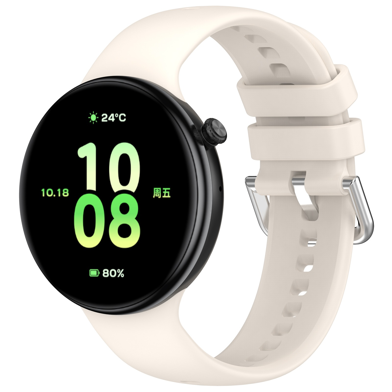 Smartwatch mit einem weißen Armband, die Uhrzeit, das Datum und den Akkustand auf einem schwarzen runden Display anzeigt.