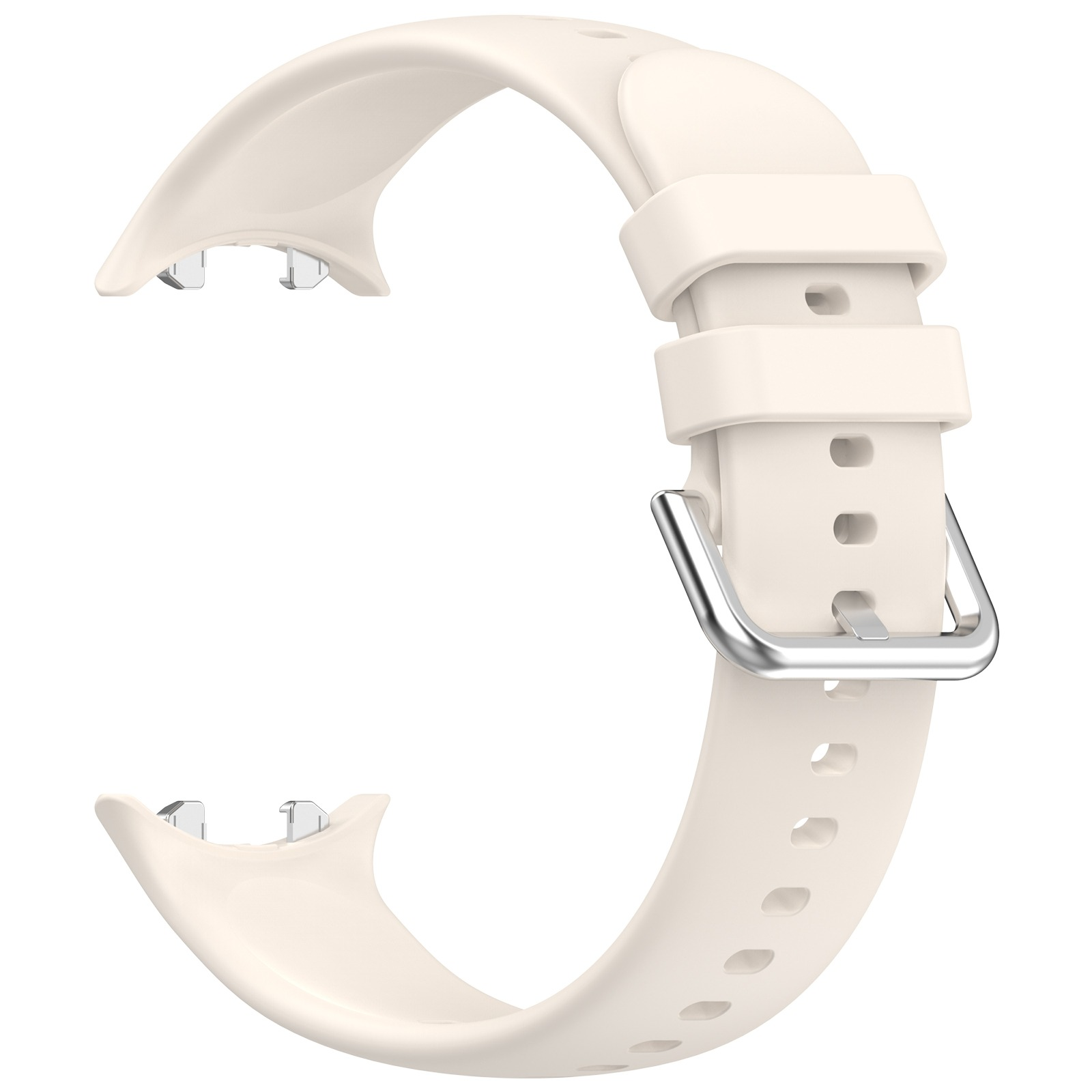 Ein weißes Uhrenarmband mit silbernen Befestigungsstiften und einer Schnalle. Der Hintergrund ist weiß.