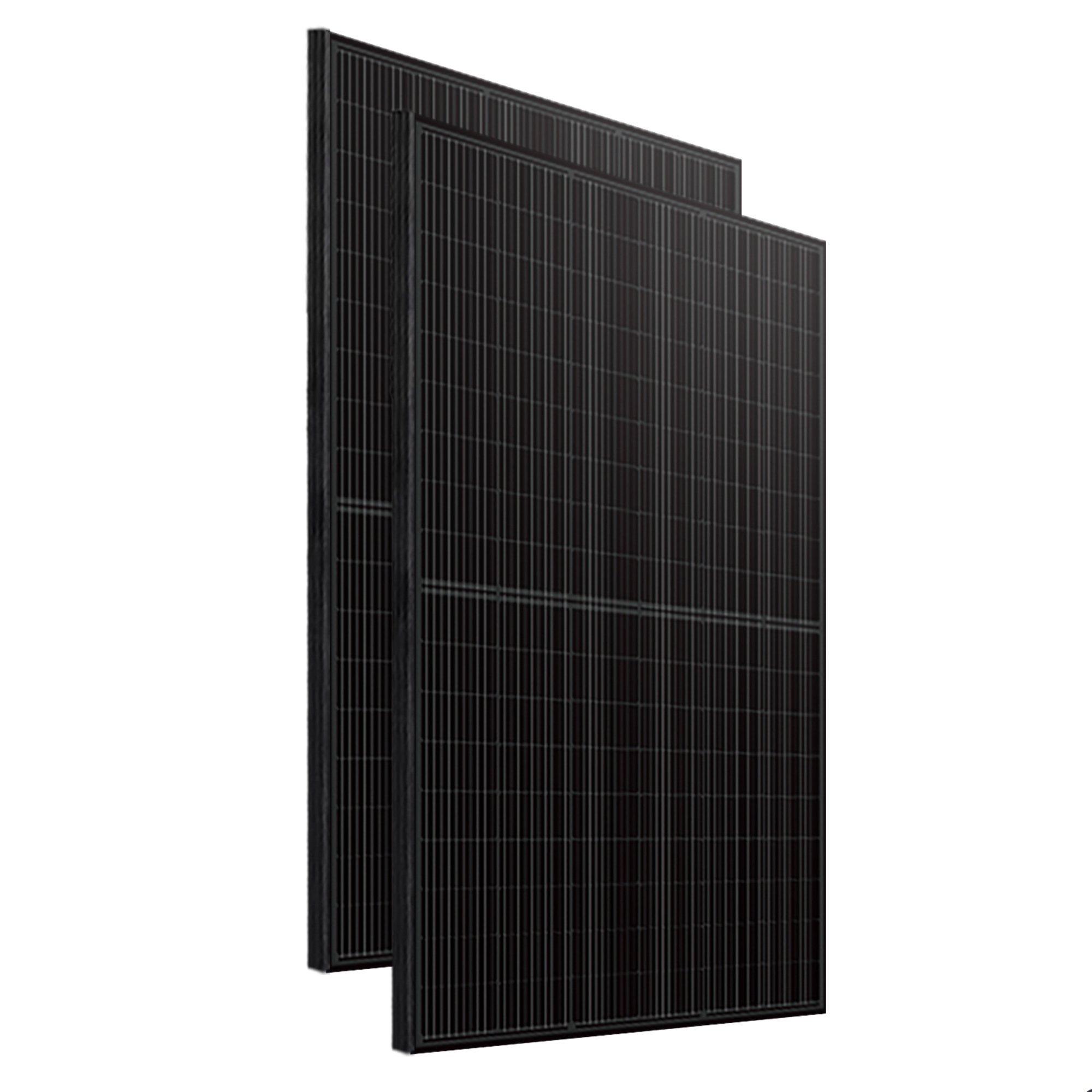 Drei rechteckige schwarze Solarmodule, leicht angewinkelt, vor weißem Hintergrund. Keine anderen Objekte.