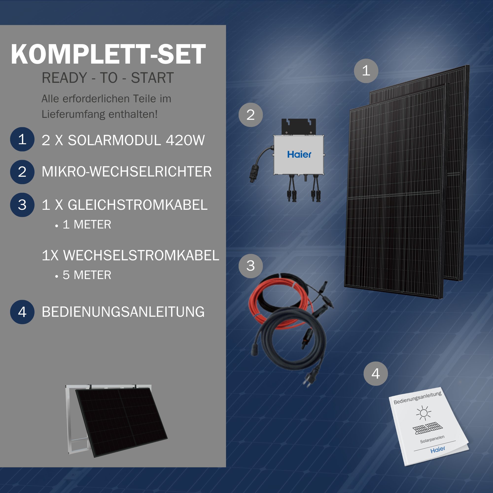 Anleitung für Solarmodule. Module, Wechselrichter, Kabel und Handbuch sind abgebildet. Blauer Hintergrund.