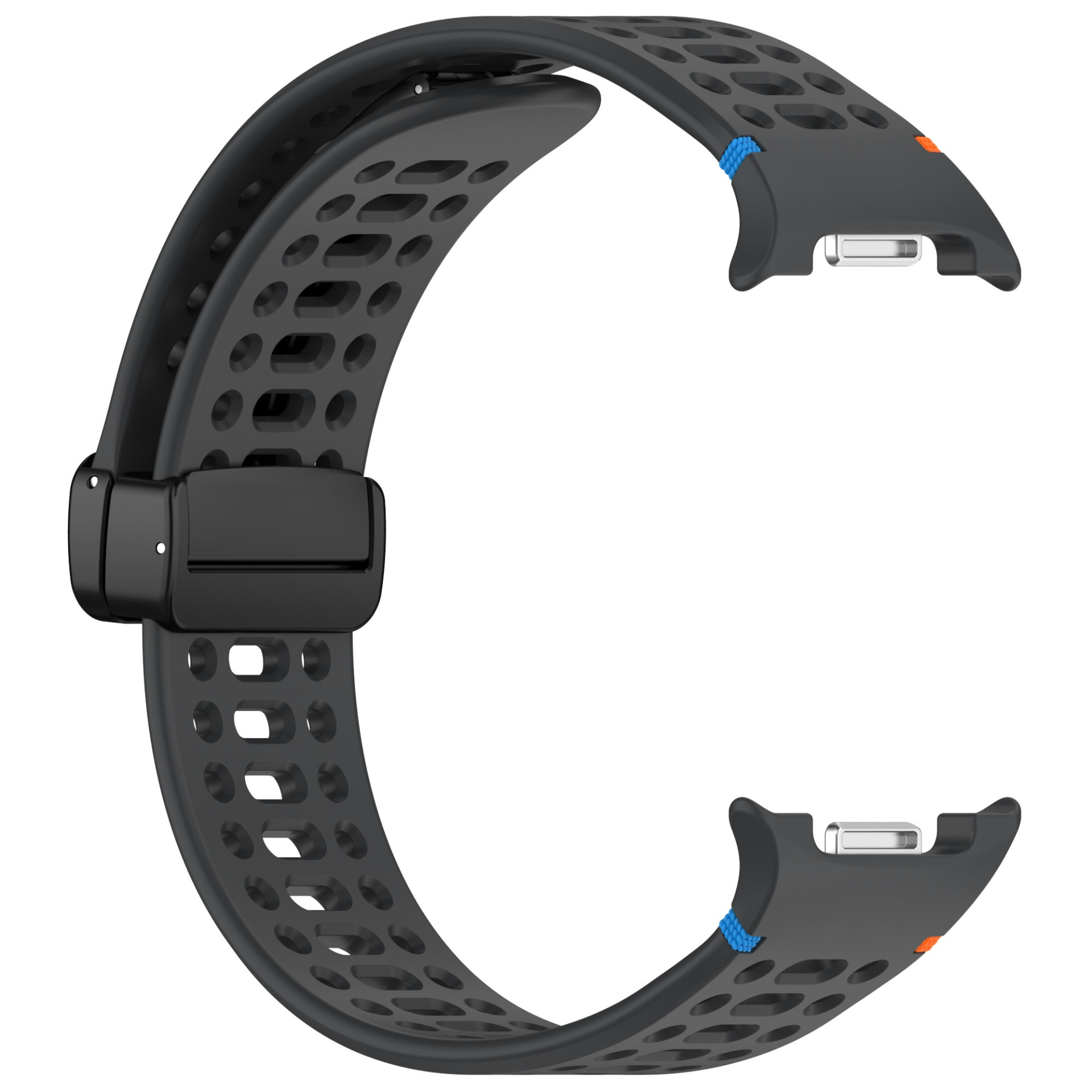 Schwarzes Smartwatch-Armband mit vielen Löchern. Schwarze Schnalle, orange/blaue Akzente an den Enden.