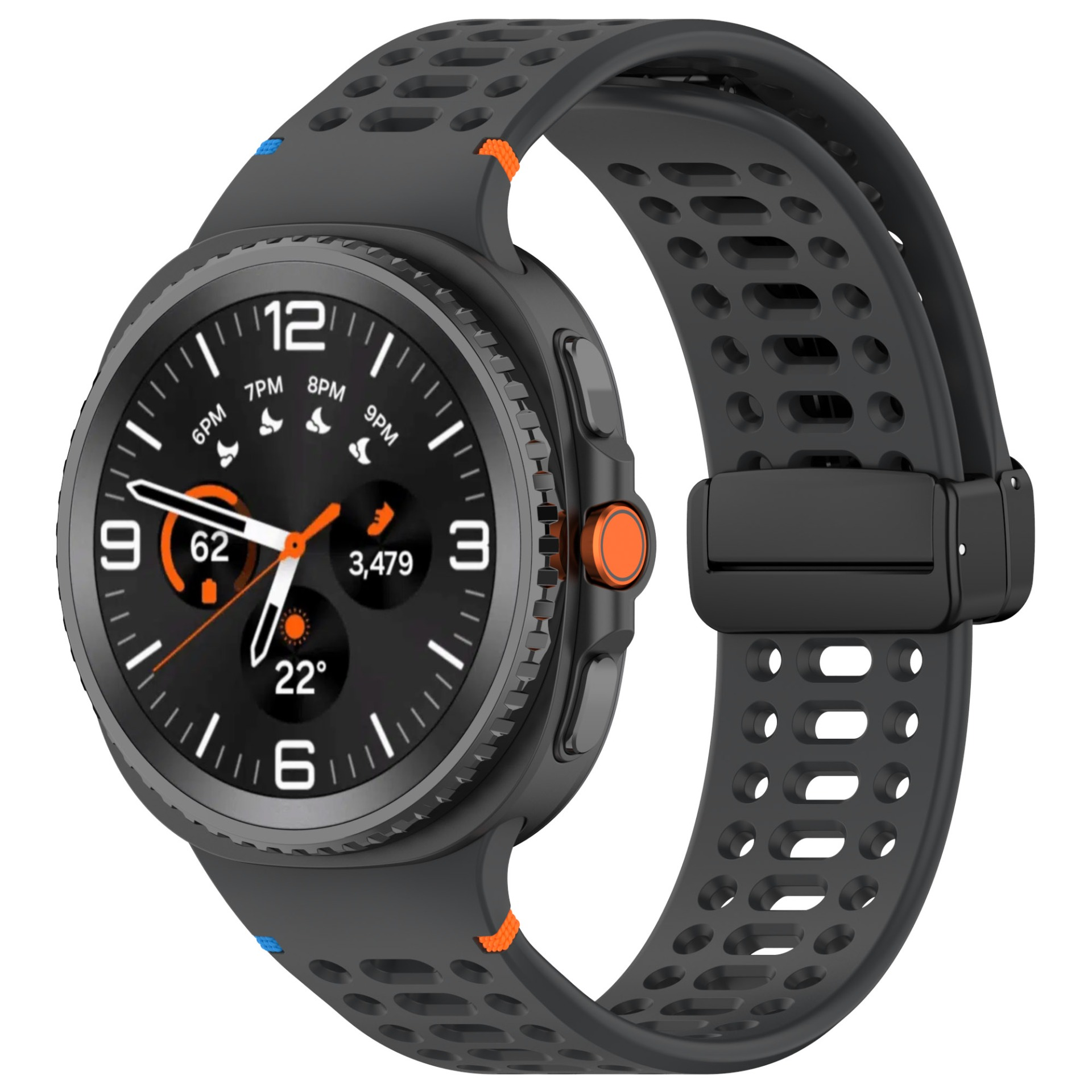 Schwarze Smartwatch mit grauem Armband, orangefarbenen Akzenten. Zeigt Uhrzeit, Daten und hat eine Taste. Auf weißem Hintergrund isoliert.