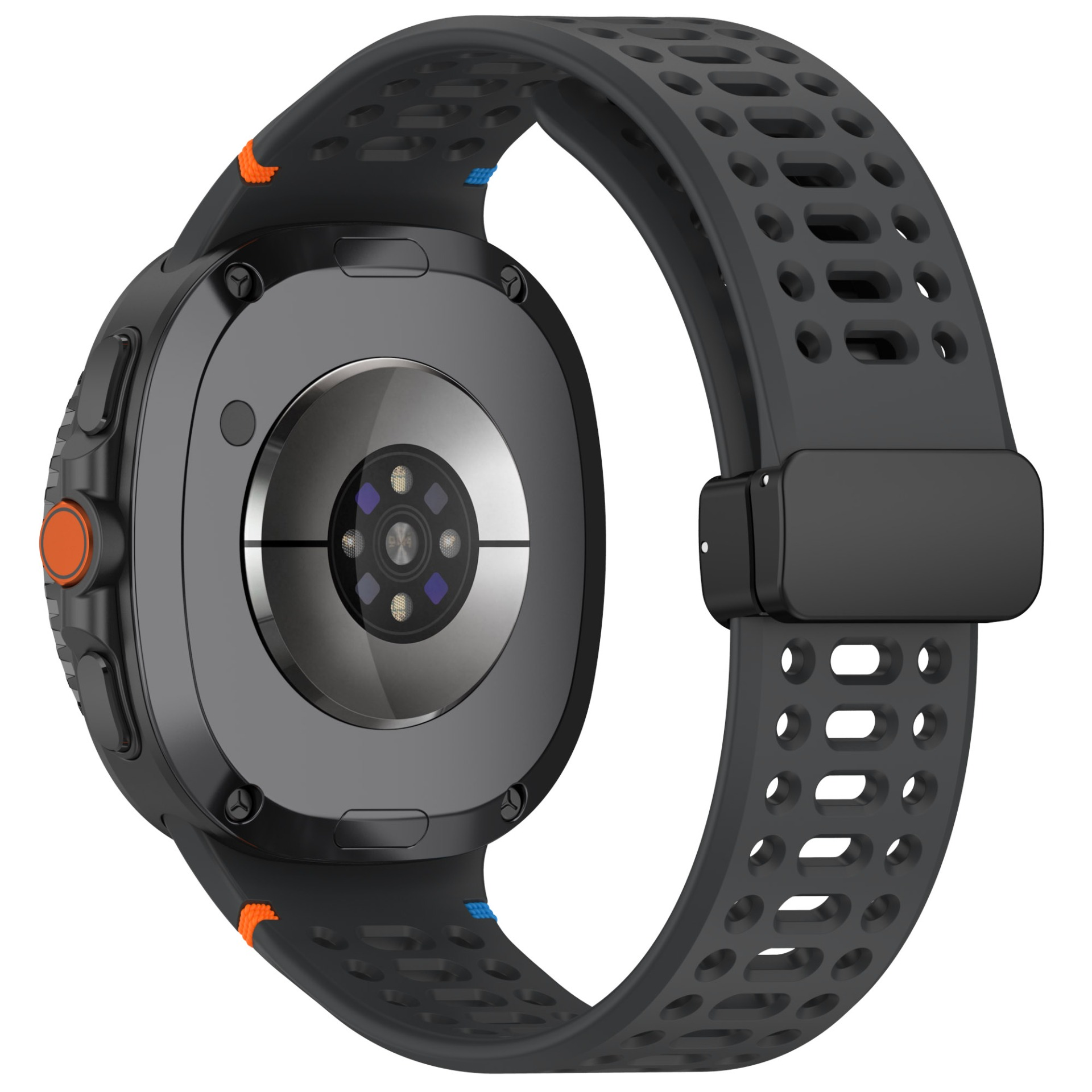 Eine schwarze Smartwatch mit schwarzem und grauem Armband. Das Armband hat Löcher. Es gibt einen orangefarbenen Knopf.