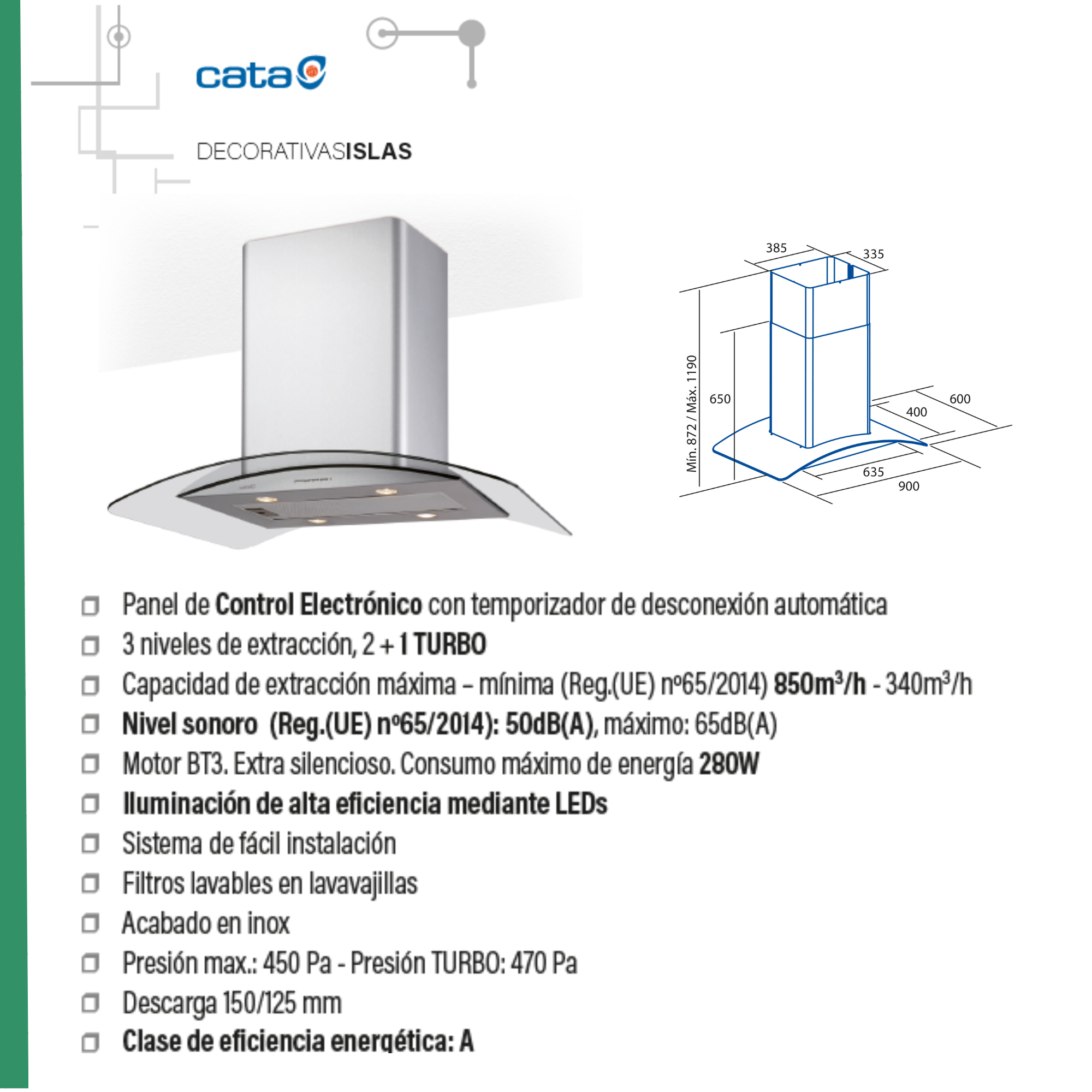 Un diagramma con una cappa aspirante e dimensioni. Il testo in spagnolo descrive caratteristiche e specifiche.