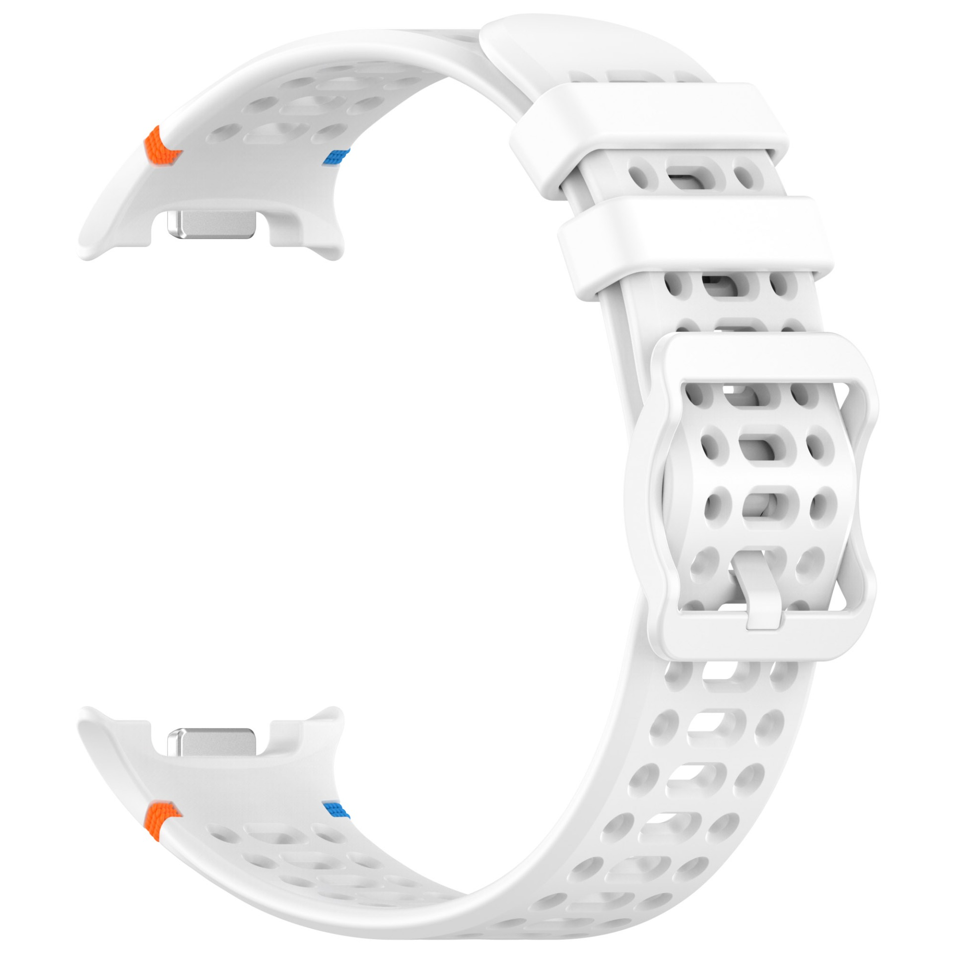 Cinturino bianco per orologio con fori, fibbia bianca e dettagli arancioni e blu alle estremità.